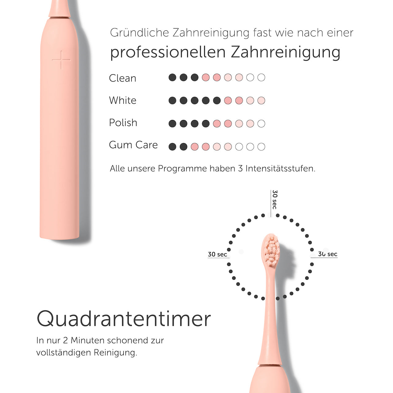 Rosa elektrische Zahnbürste und Diagramm zur Putzzeit. Text auf Deutsch über Reinigungsprogramme sichtbar.