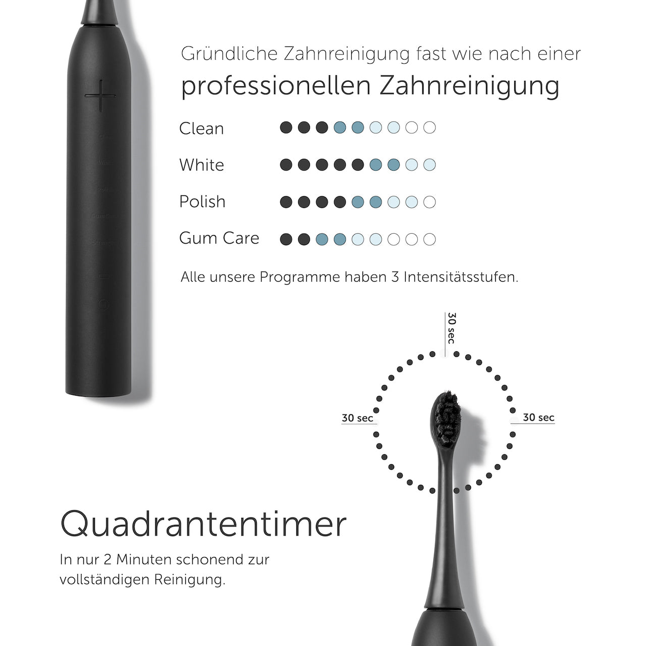 Schwarze elektrische Zahnbürste mit Programmanzeigen, zeigt Reinigen, Weiß, Polieren und Zahnfleischpflege.