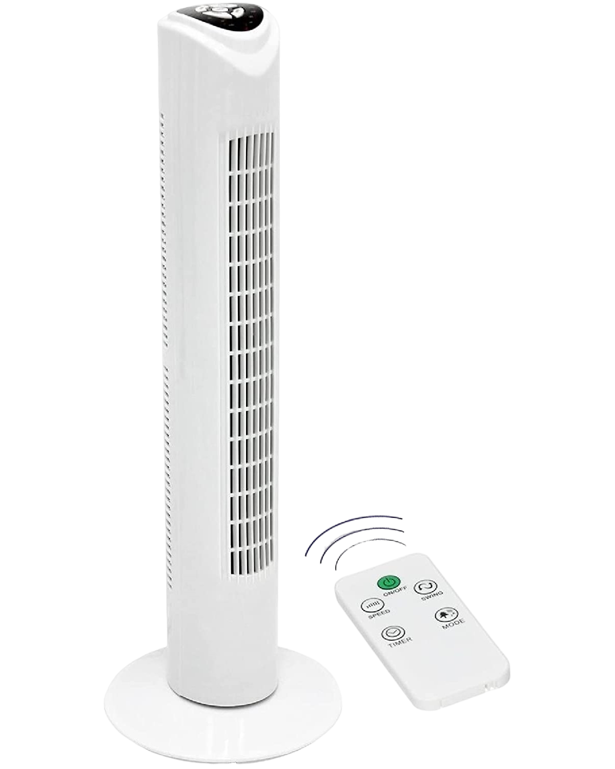 Weißer Turmventilator mit Fernbedienung. Hintergrund: schwarz.