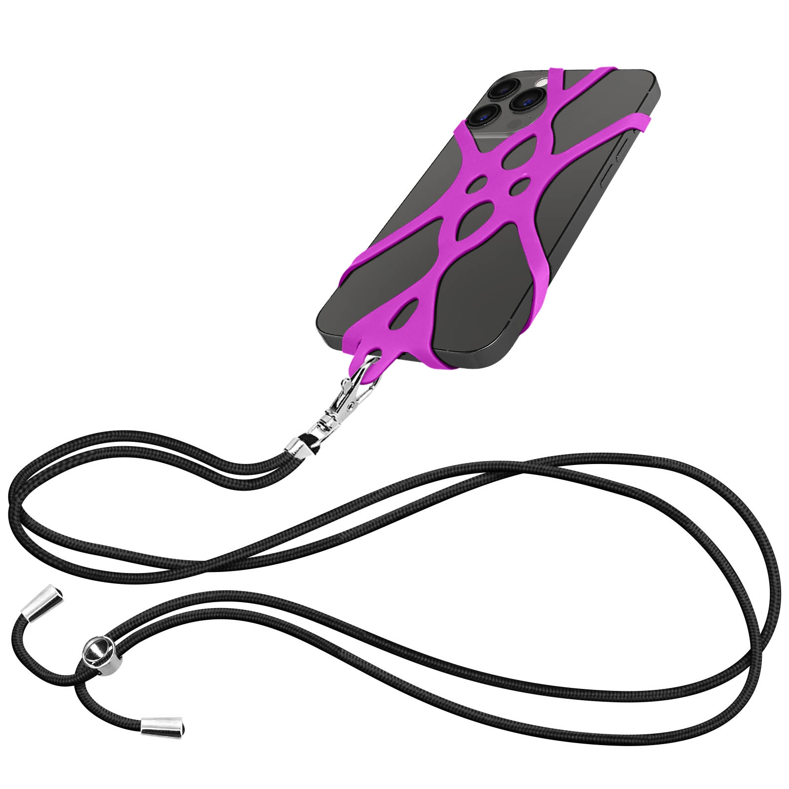 Uno smartphone scuro con cinturino in silicone viola e cordino nero.