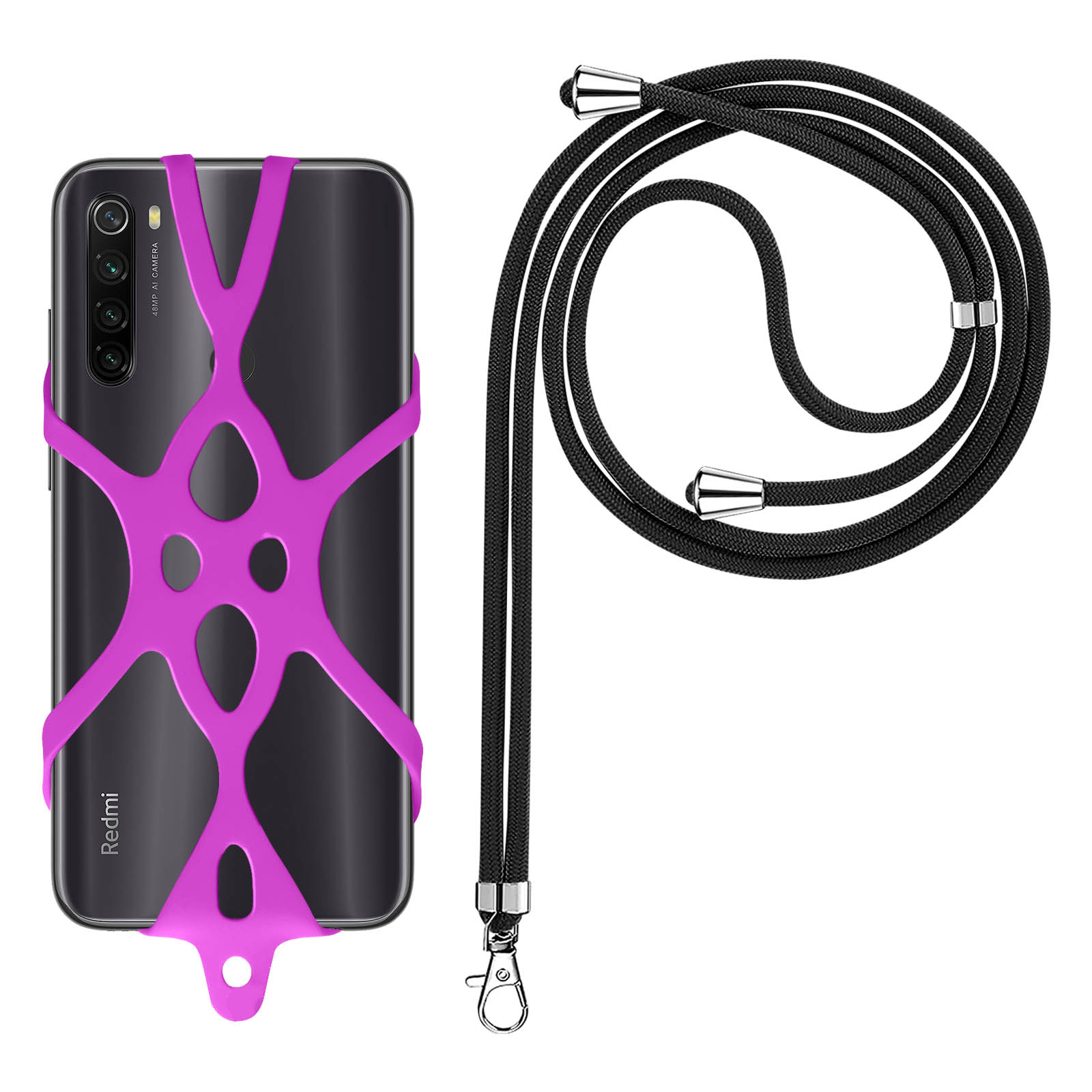 Uno smartphone con supporto viola e un cordino nero con accenti argentati.