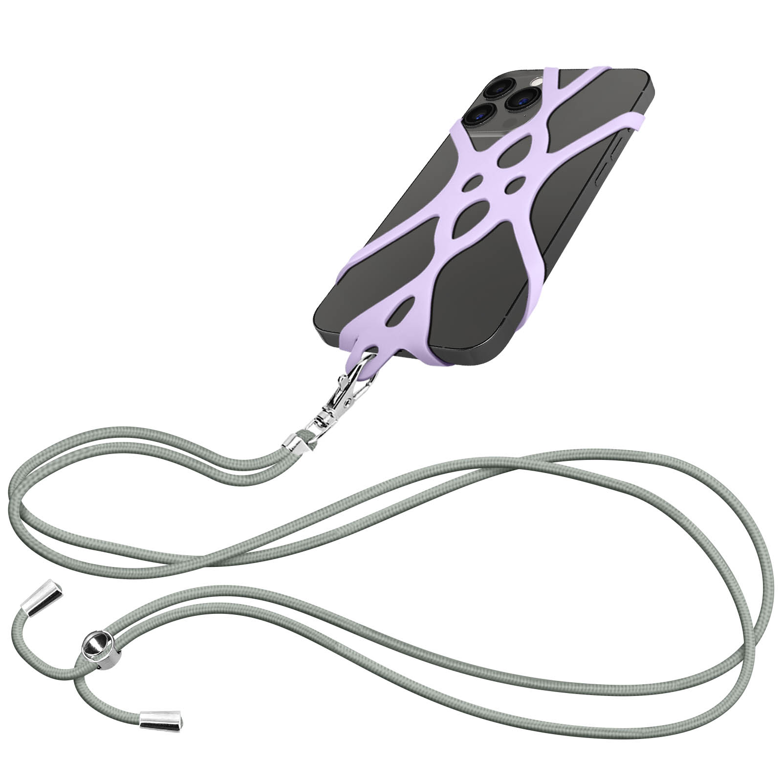 Uno smartphone con cinturino in silicone lilla e cordino grigio su sfondo bianco.