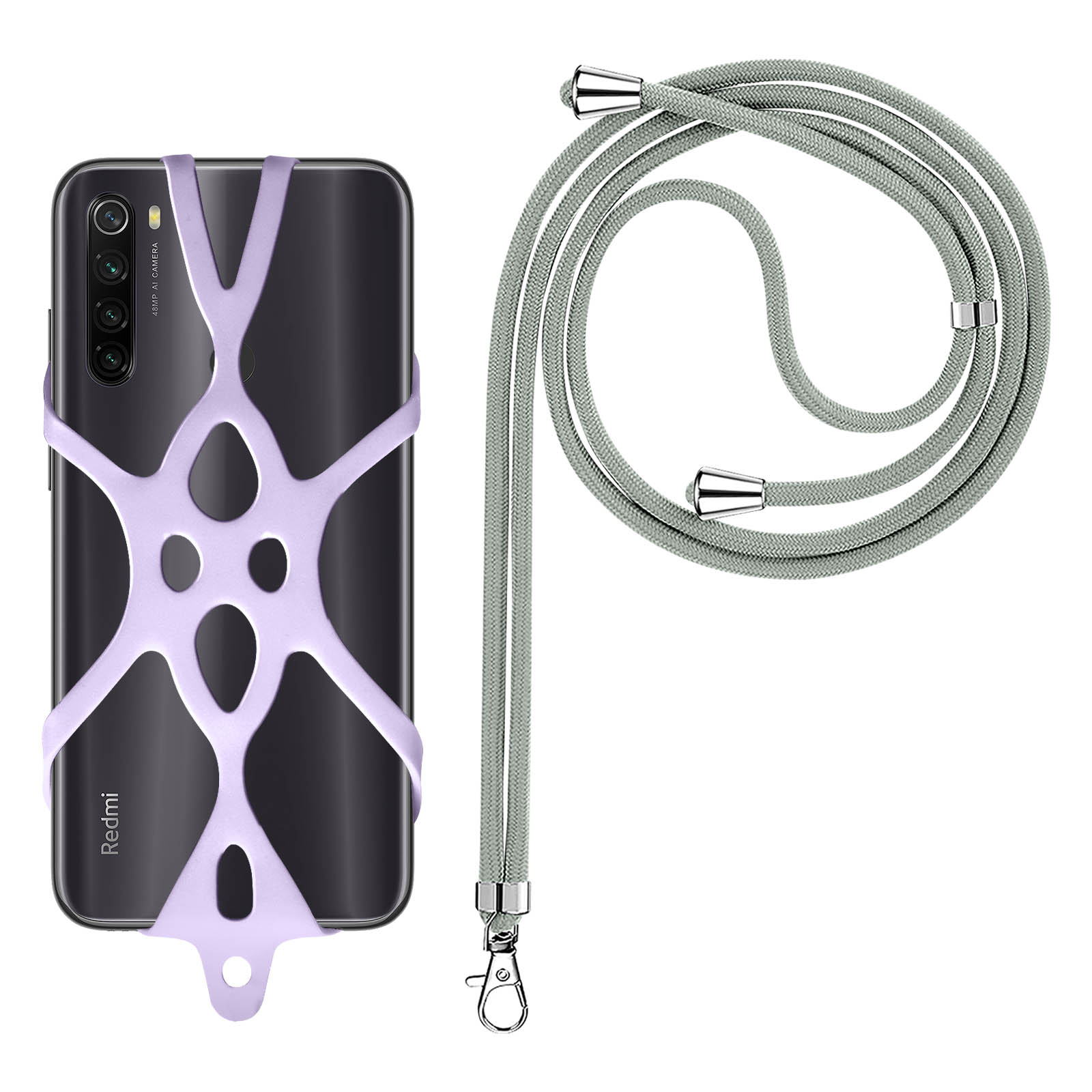 Una custodia viola in silicone copre un telefono nero, accanto a un laccetto grigio arrotolato con hardware argentato.
