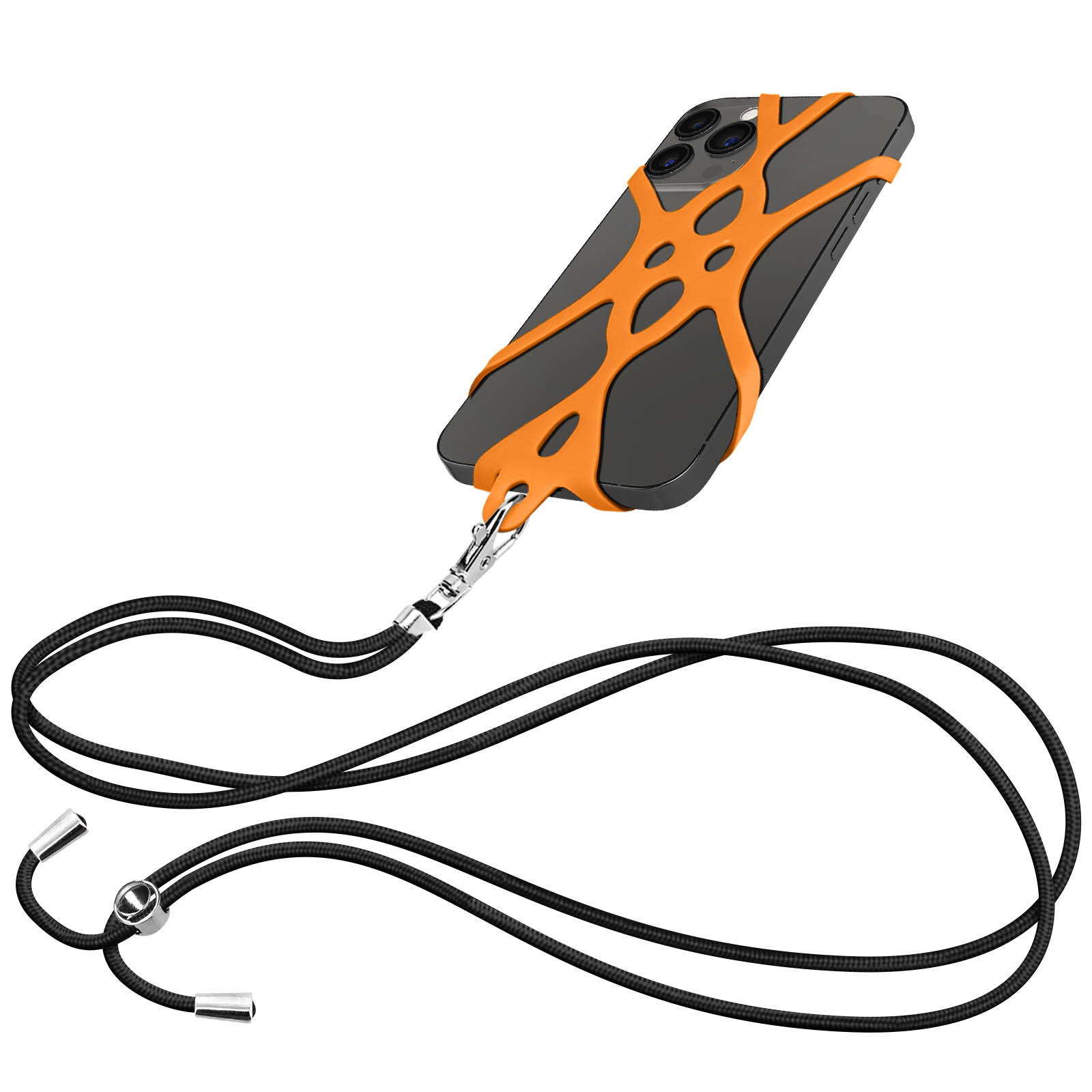 Uno smartphone con cinturino arancione e cordino nero su sfondo bianco.