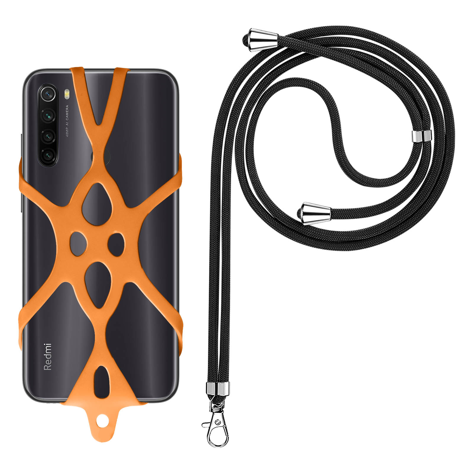 Uno smartphone scuro con cinturino arancione accanto a un cordino nero.