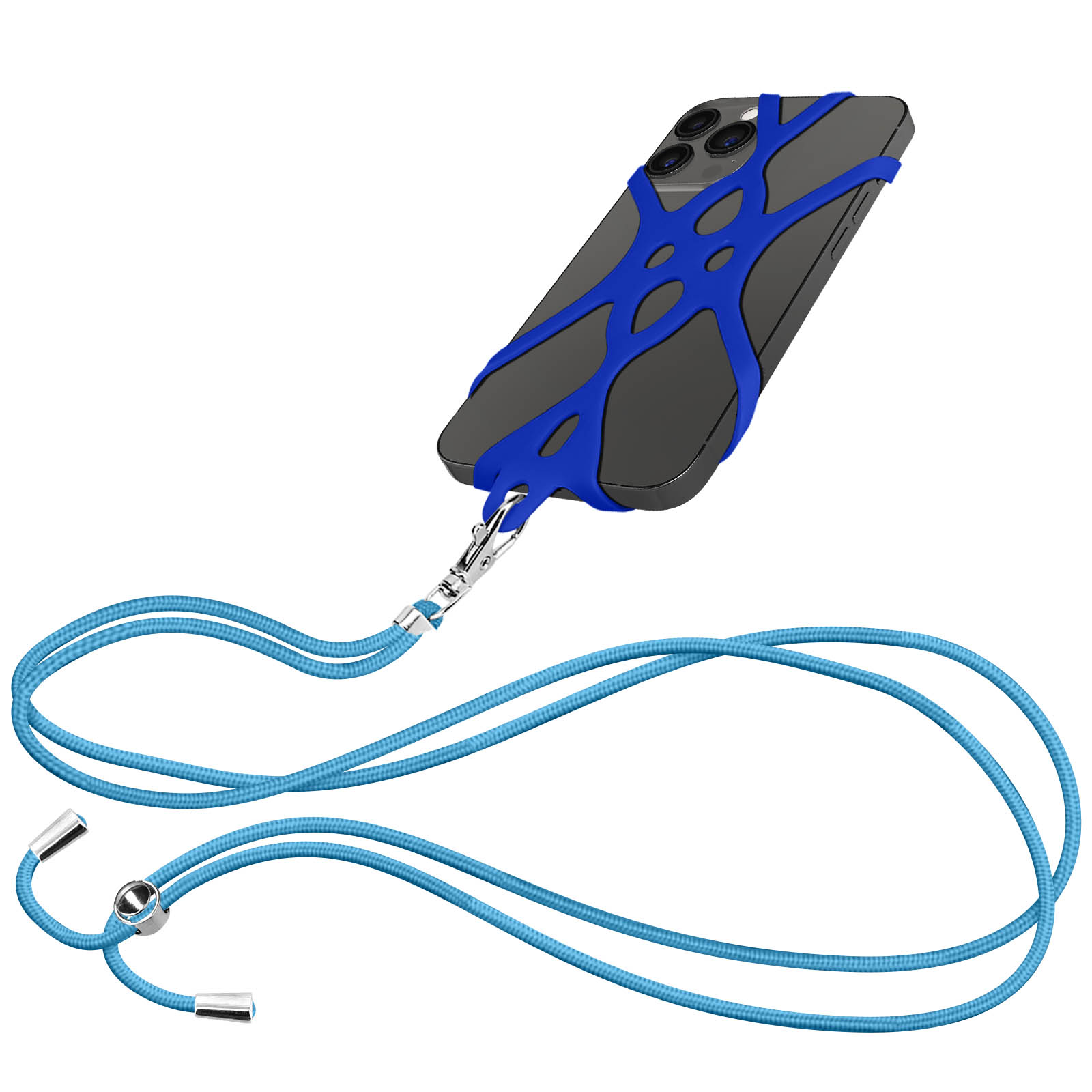 Uno smartphone scuro con cinturino in silicone blu e cordino azzurro su sfondo bianco.