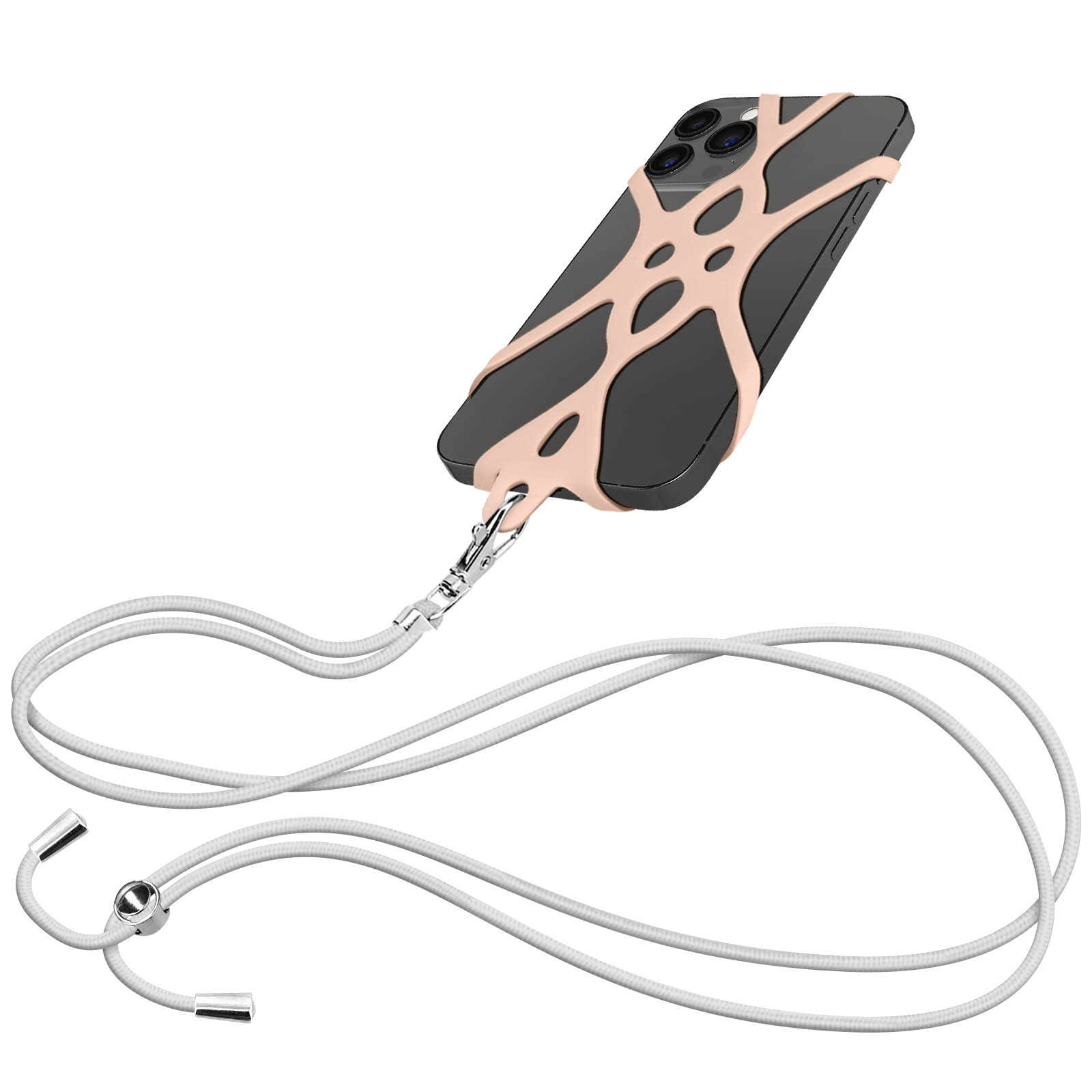 Un telefono nero con custodia a tracolla beige e cordino bianco su sfondo bianco.