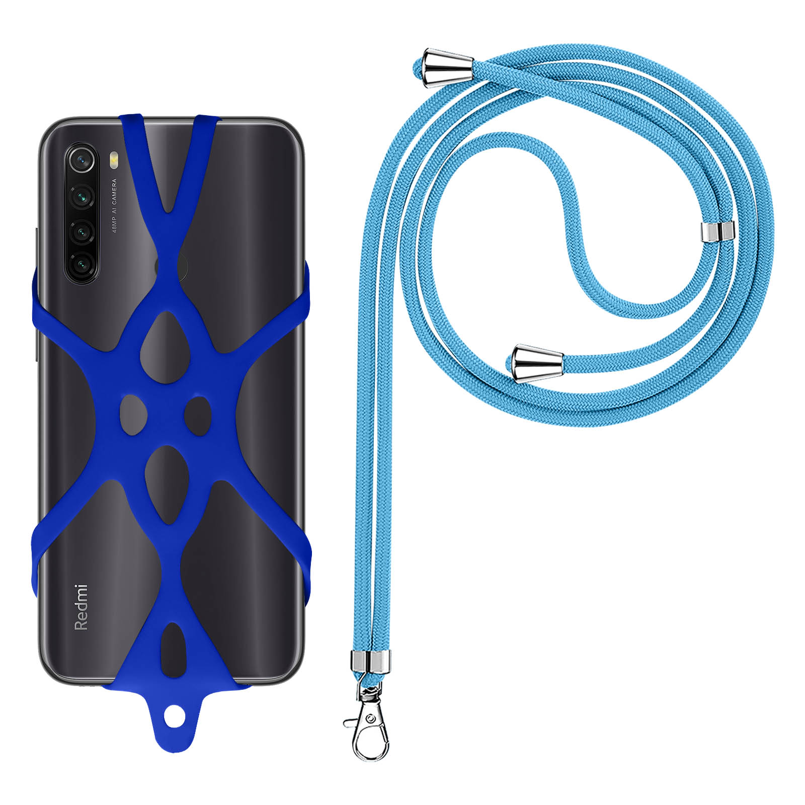 Una custodia blu per telefono con cordino su sfondo bianco.