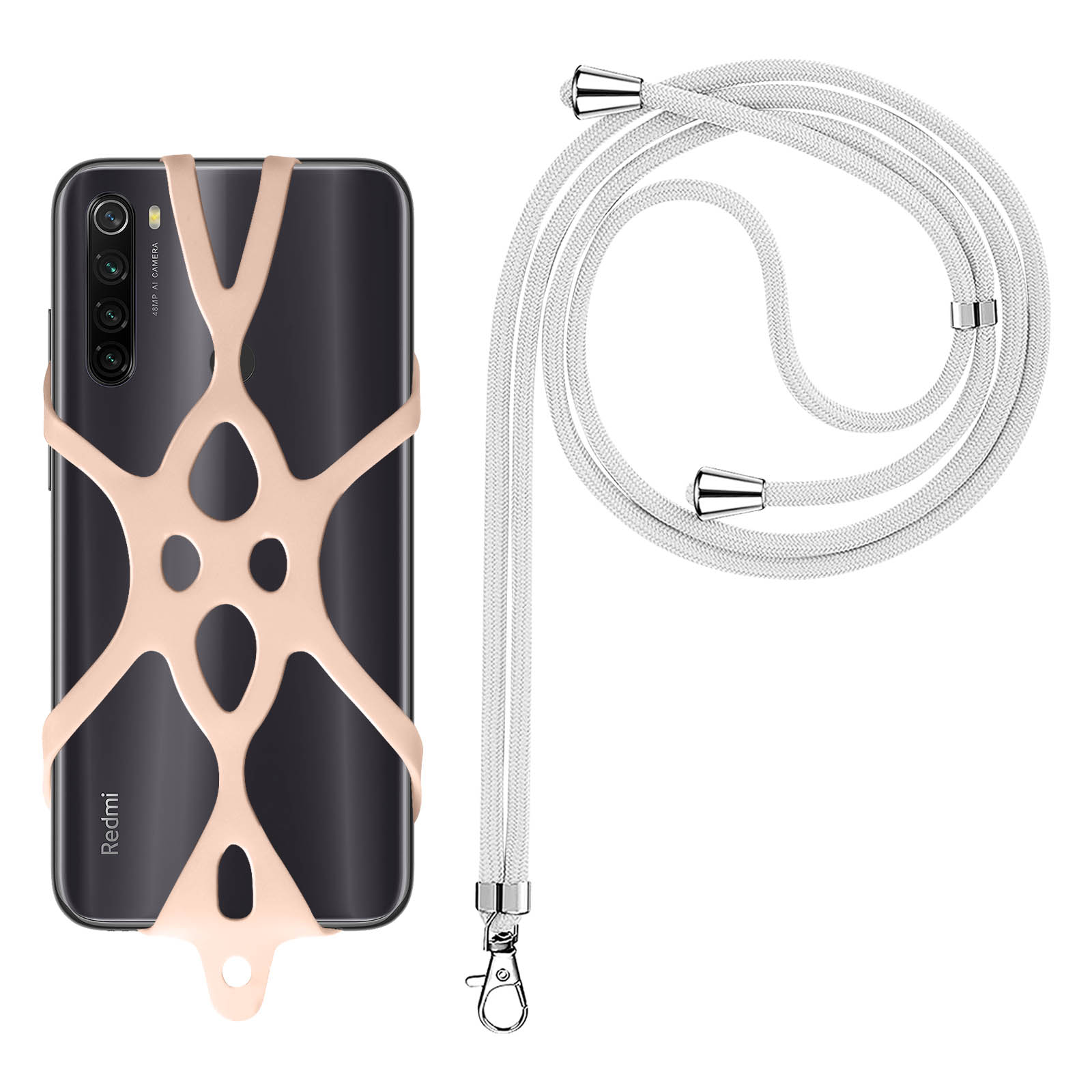Uno smartphone nero con un porta cinturino beige è mostrato accanto a un cordino bianco.