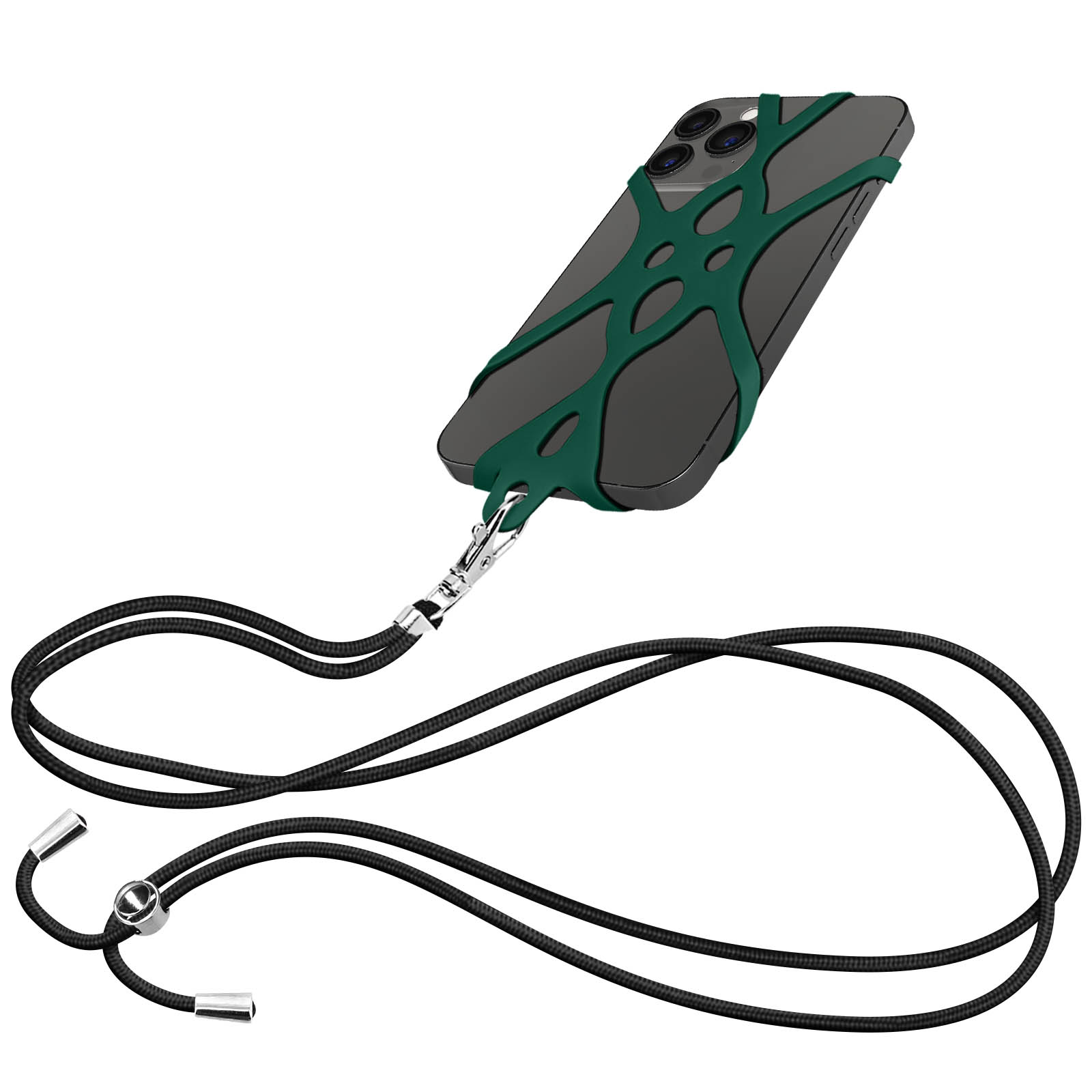 Smartphone verde scuro con cordino che attraversa il retro.
