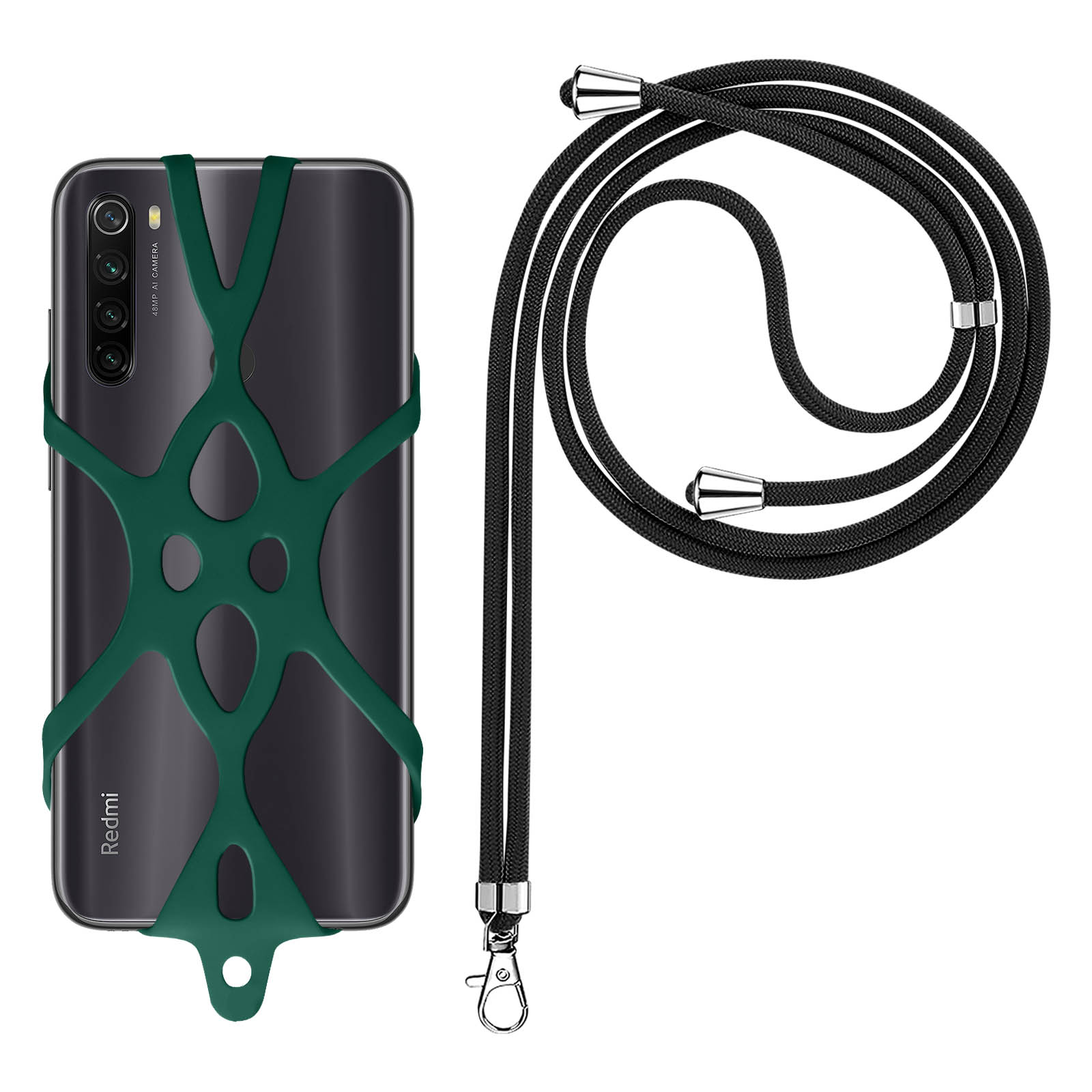 Una custodia in silicone verde scuro per telefono con cordino su sfondo bianco.