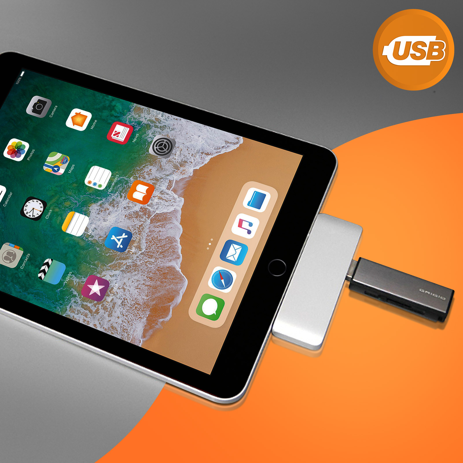 Ein iPad, das mit einem USB-Hub mit silbernem Gehäuse verbunden ist. Der Bildschirm zeigt App-Symbole.