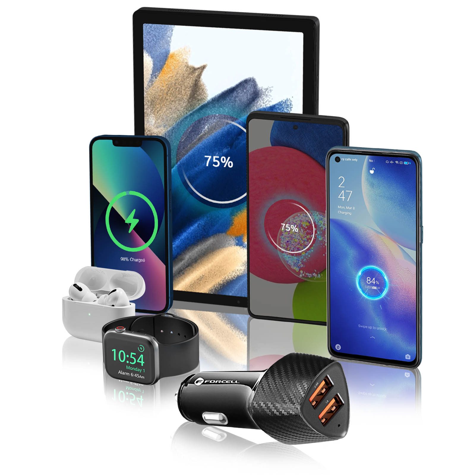Verschiedene Ladegeräte: Tablets, Telefone, Uhr und Autoladegerät, alle mit Ladestatus.