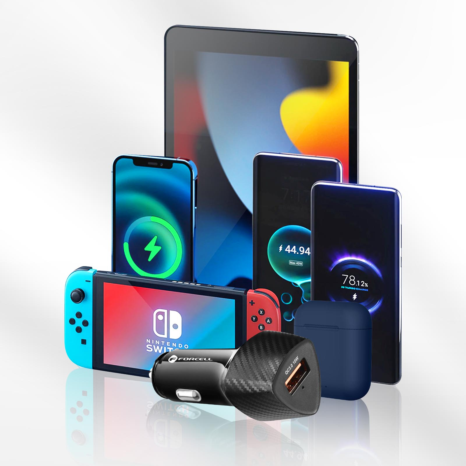 Verschiedene elektronische Geräte, darunter Telefone, Tablets, Nintendo Switch und ein Ladegerät.