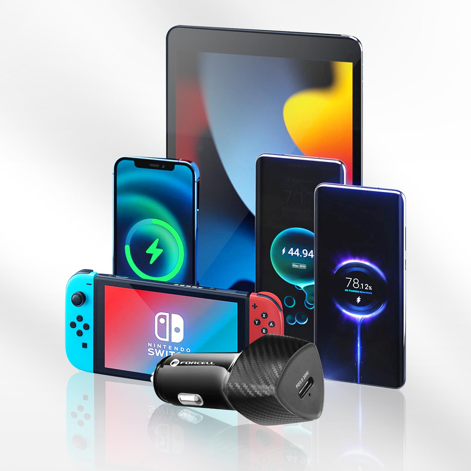 Assortimento di dispositivi elettronici: telefoni, tablet, caricabatterie e console di gioco.