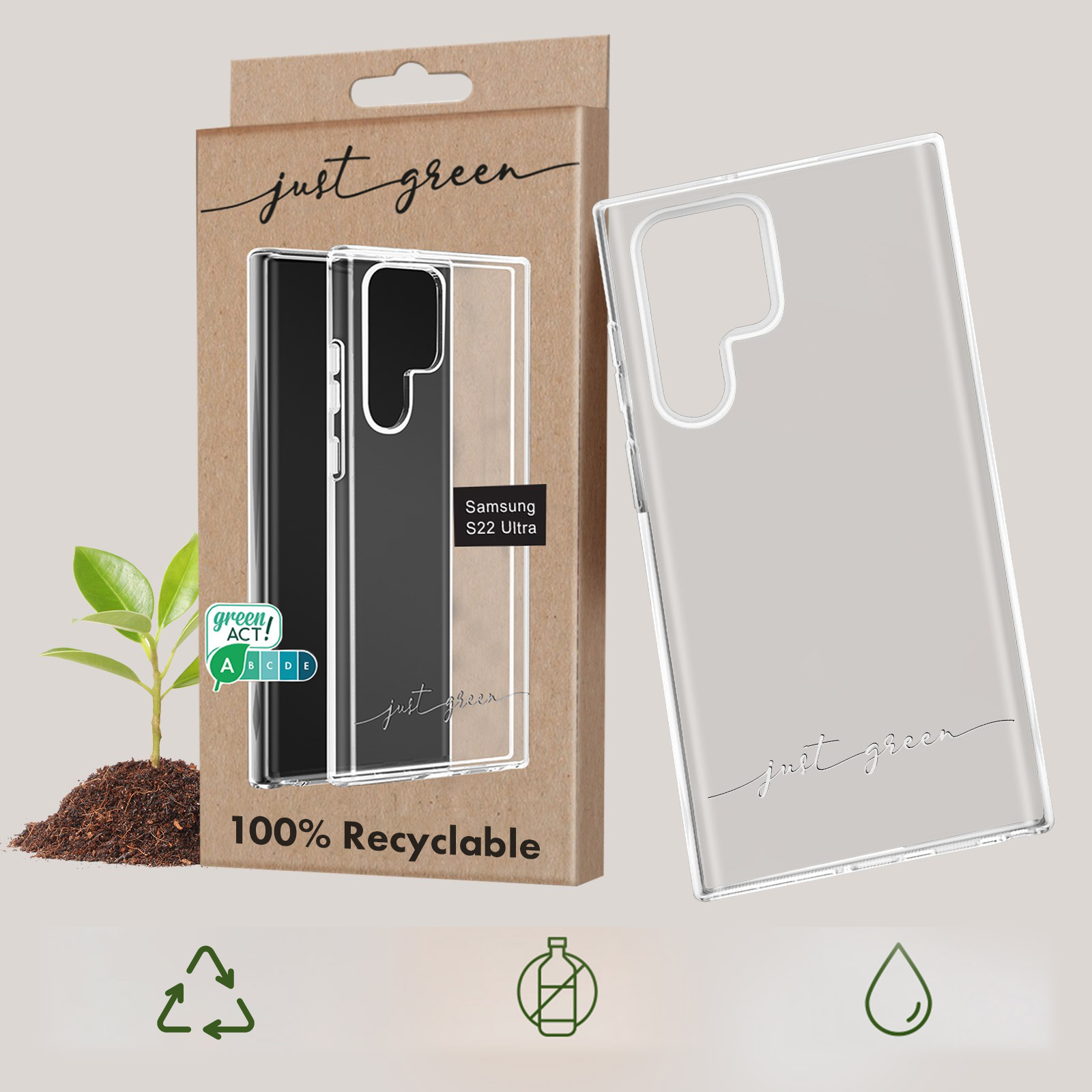 Eine Handyhülle in einer Schachtel mit einem 100% recycelbaren Etikett und eine Handyhülle.