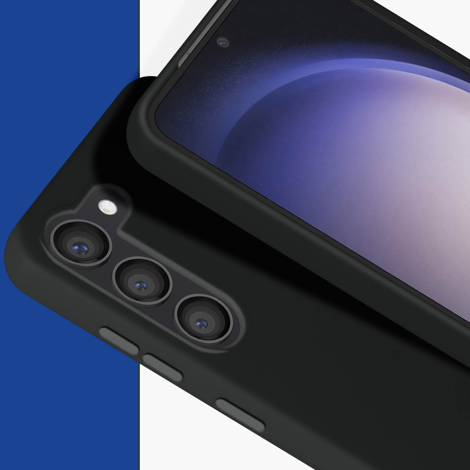 Zbliżenie czarnego telefonu z obiektywami aparatu na niebiesko-białym tle.