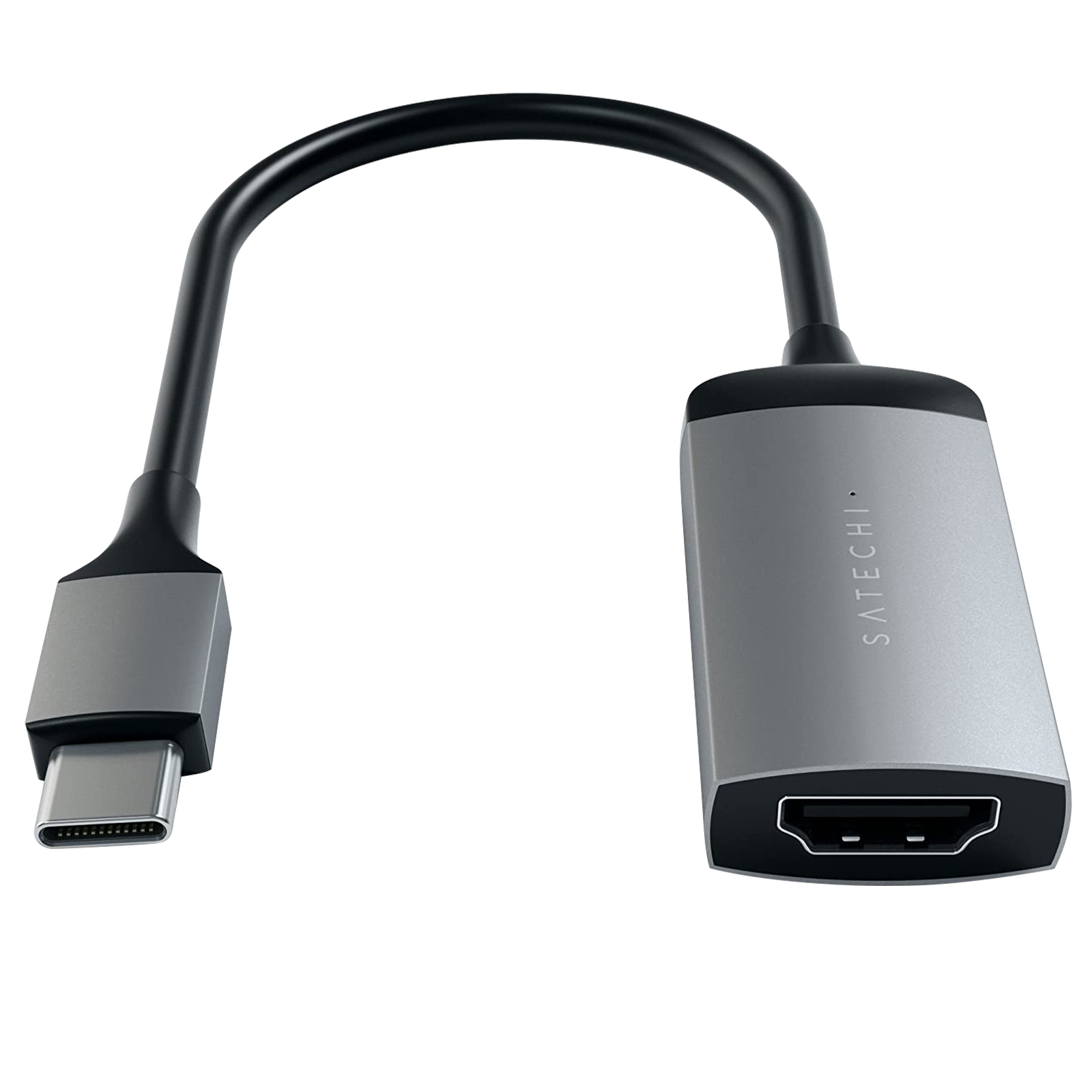 Silbernes und schwarzes USB-C-zu-HDMI-Adapterkabel. Der Adapter ist rechts, USB-C links.