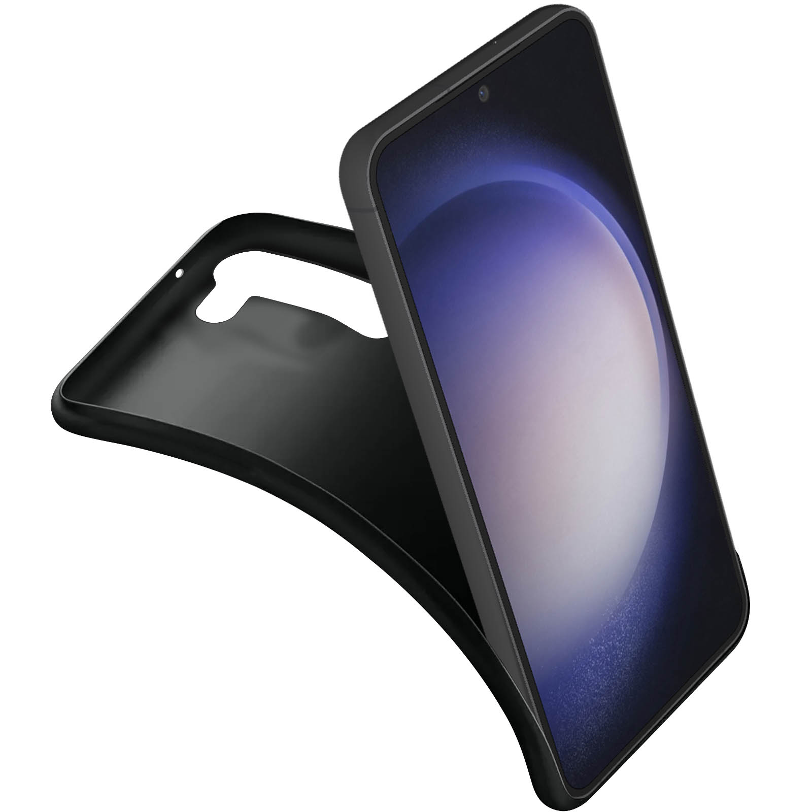 Czarna obudowa telefonu z telefonem w środku, unosząca się w powietrzu.