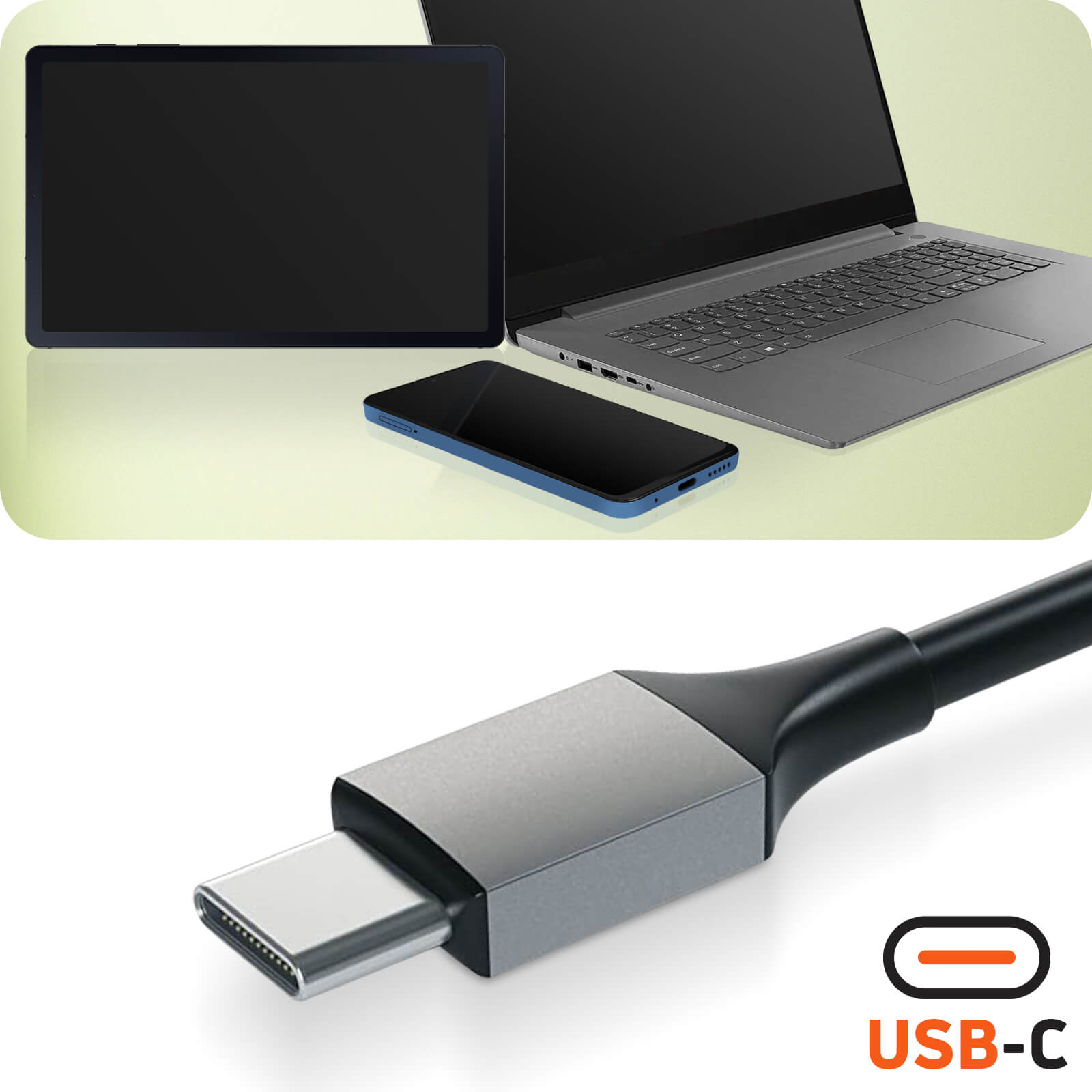 Ein Telefon, ein Tablet, ein Laptop und ein USB-C-Kabel mit USB-C-Logo.
