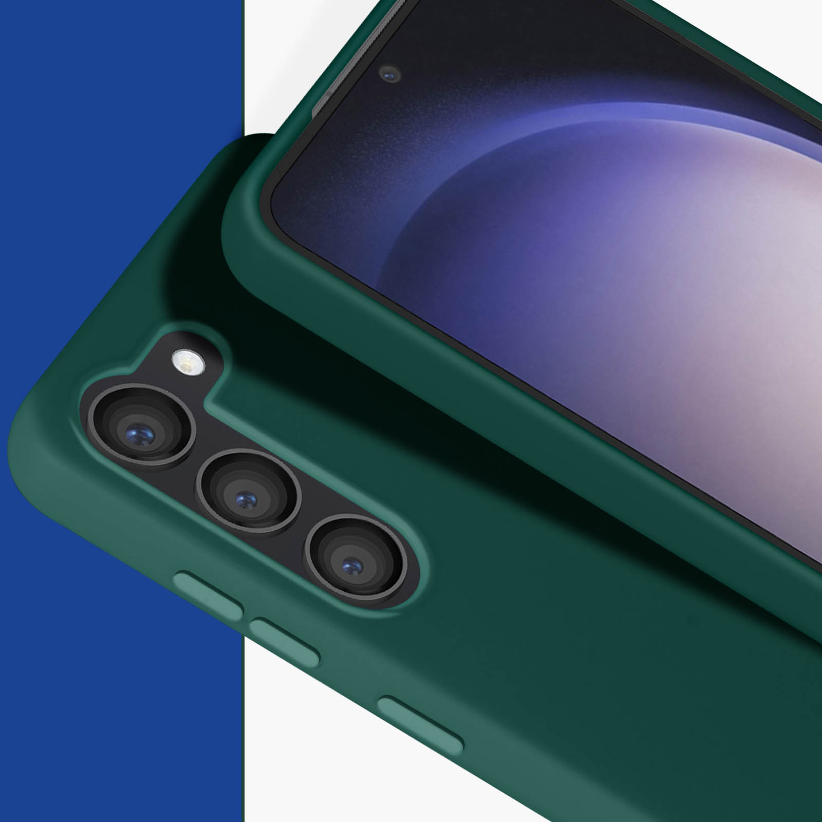 Zielone etui na telefonie na niebiesko-białym tle, zbliżenie.