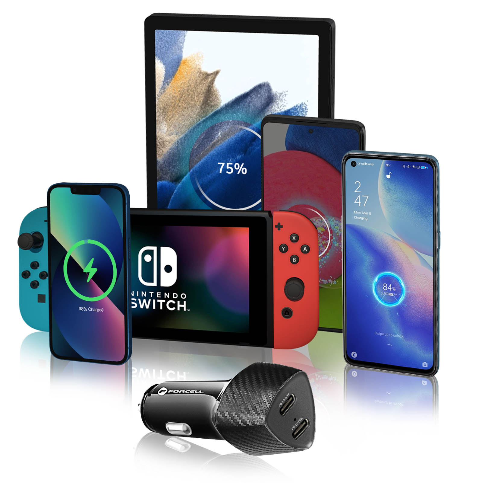 Verschiedene Geräte, darunter Telefone, ein Tablet und eine Nintendo Switch, die über ein Autoladegerät aufgeladen werden.
