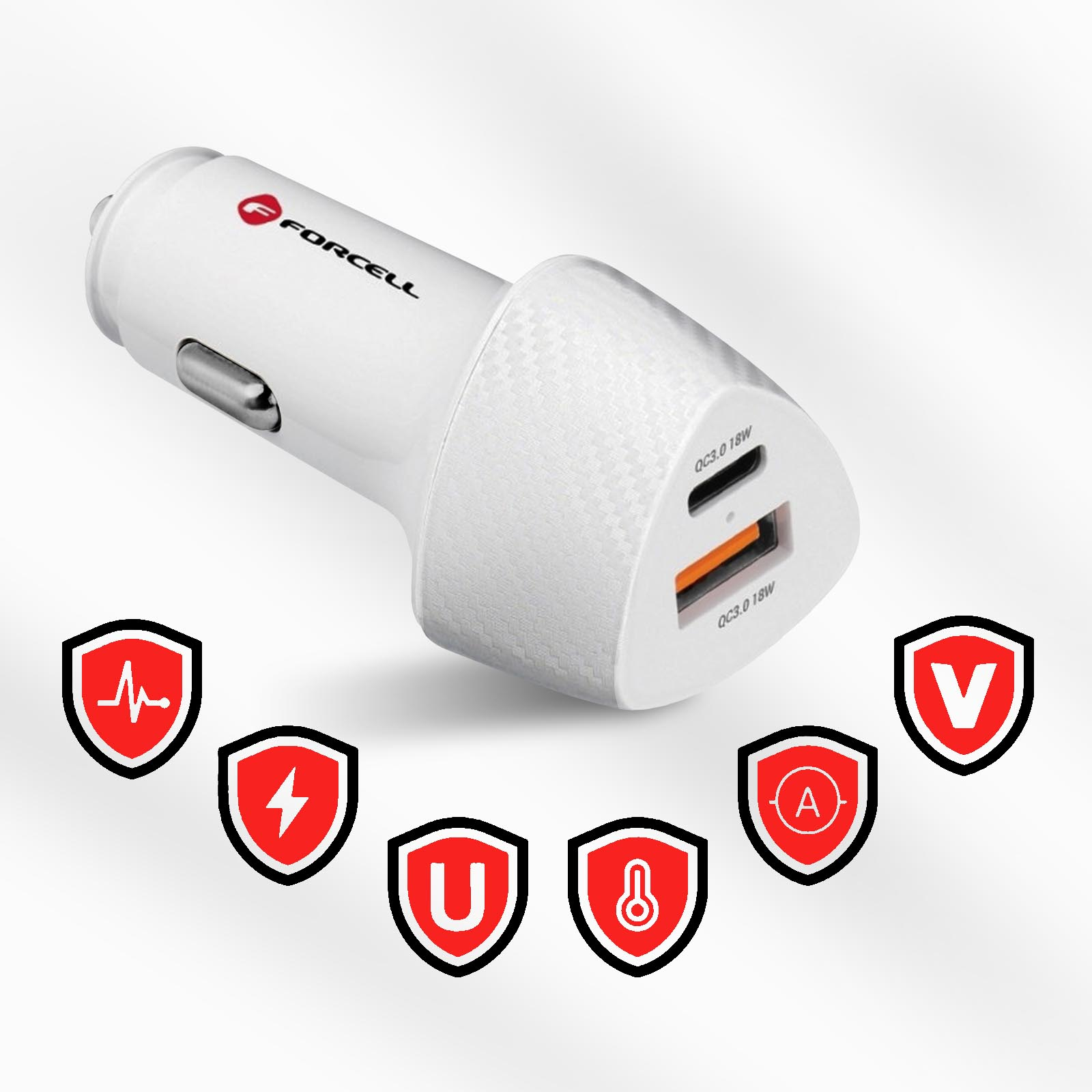 Un caricatore per auto bianco con due porte USB e un logo rosso, circondato da icone.