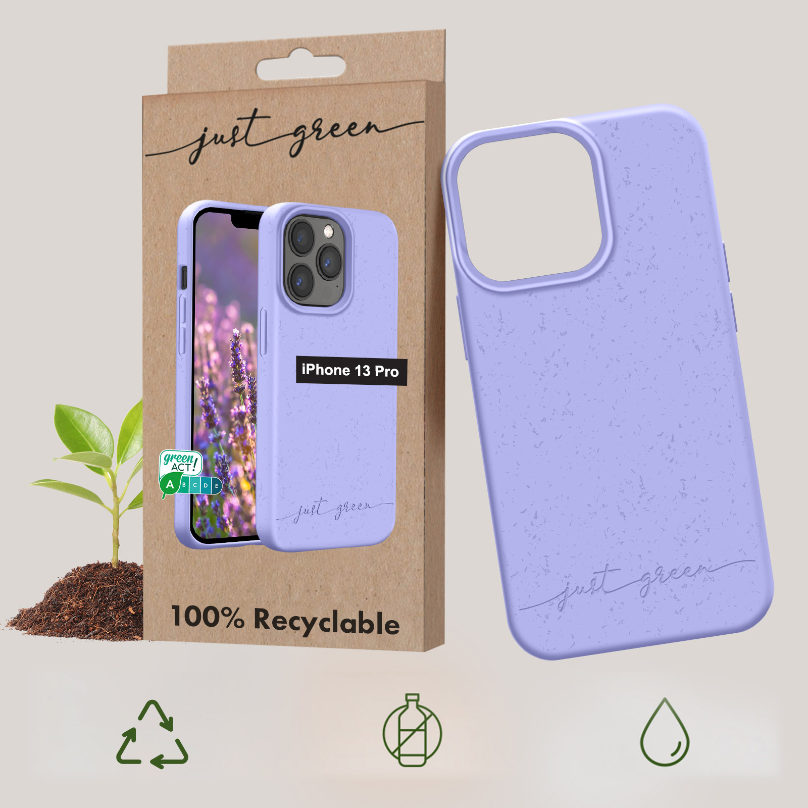 13 biologisch 100% Pro, iPhone Series, abbaubare Violett Apple, Handyhülle GREEN JUST Backcover,
