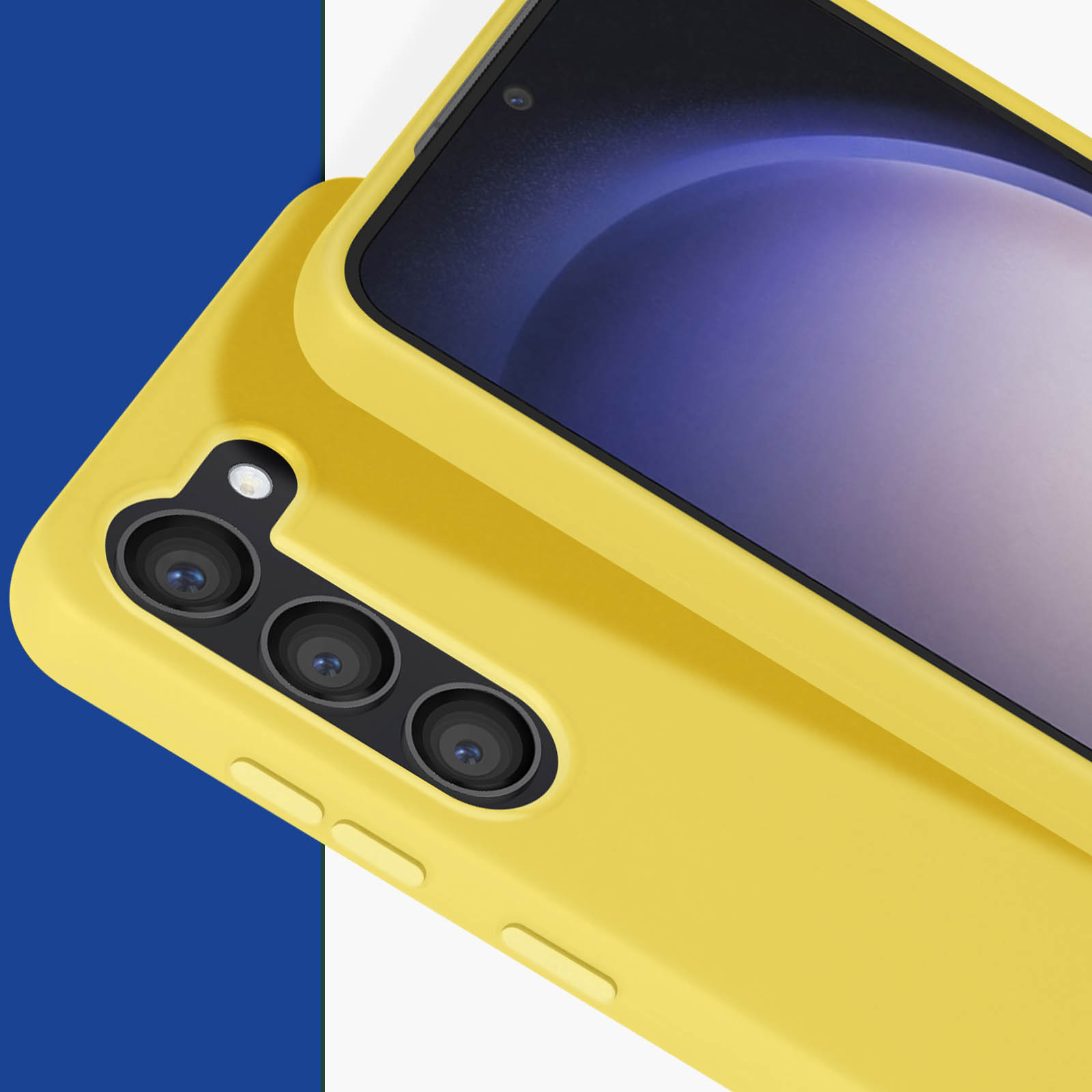 Primo piano di una custodia gialla per telefono con modulo fotocamera.