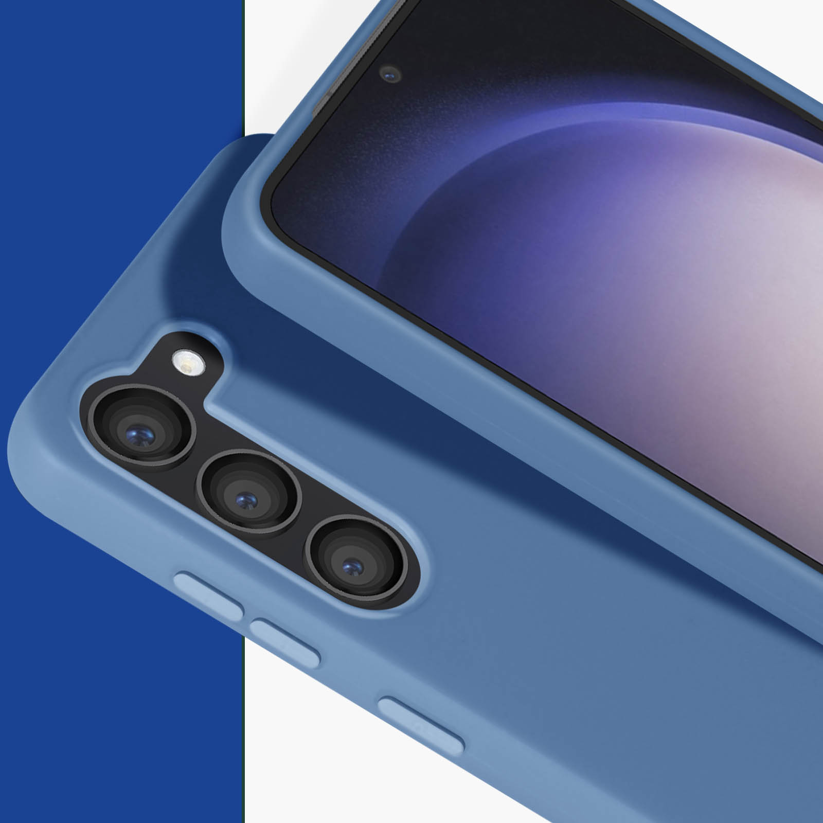 Zbliżenie niebieskiego etui na telefon. Widoczne są trzy obiektywy aparatu.