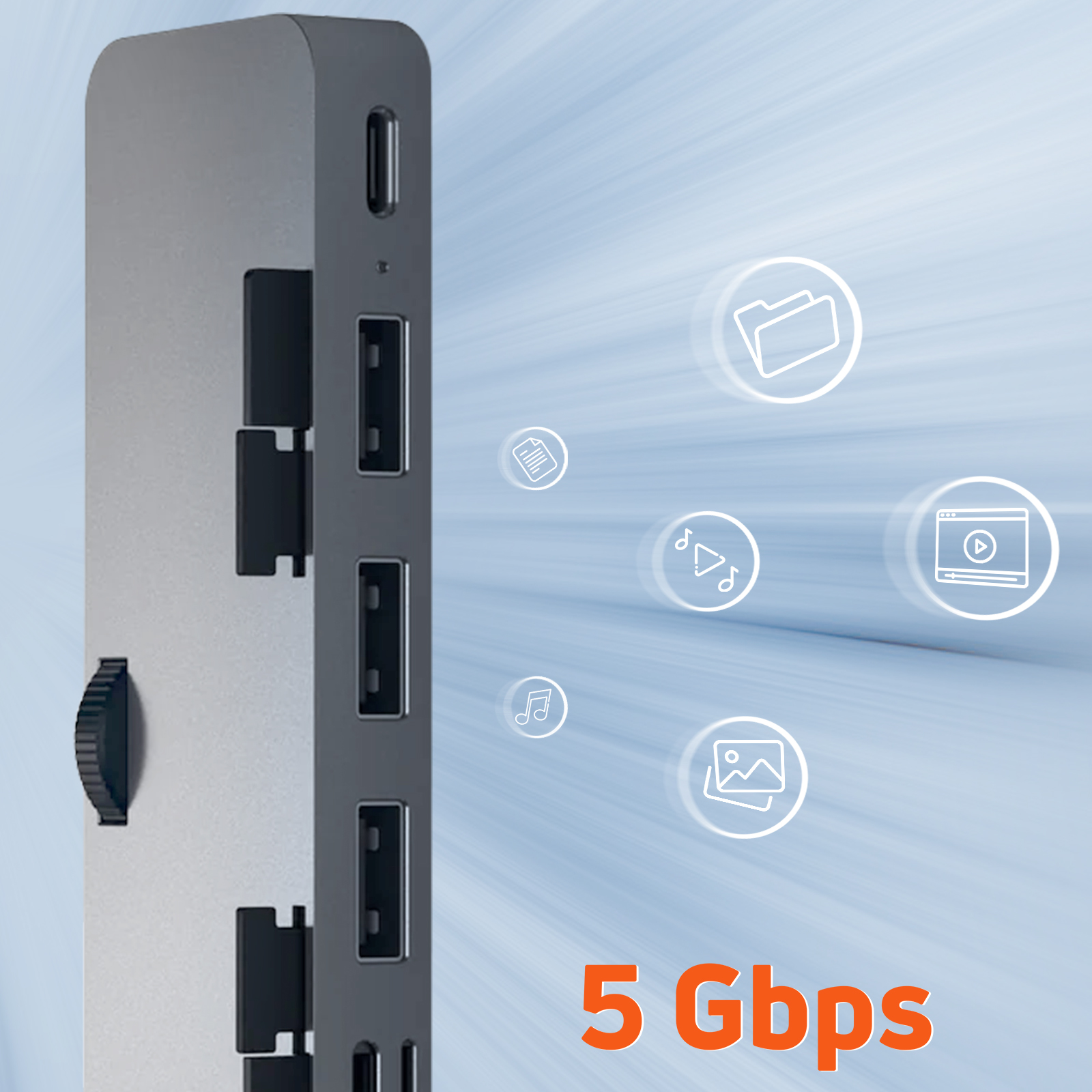 Ein silberner USB-Hub mit mehreren Anschlüssen, der Symbole für Dateien, Musik, Videos und Bilder enthält.