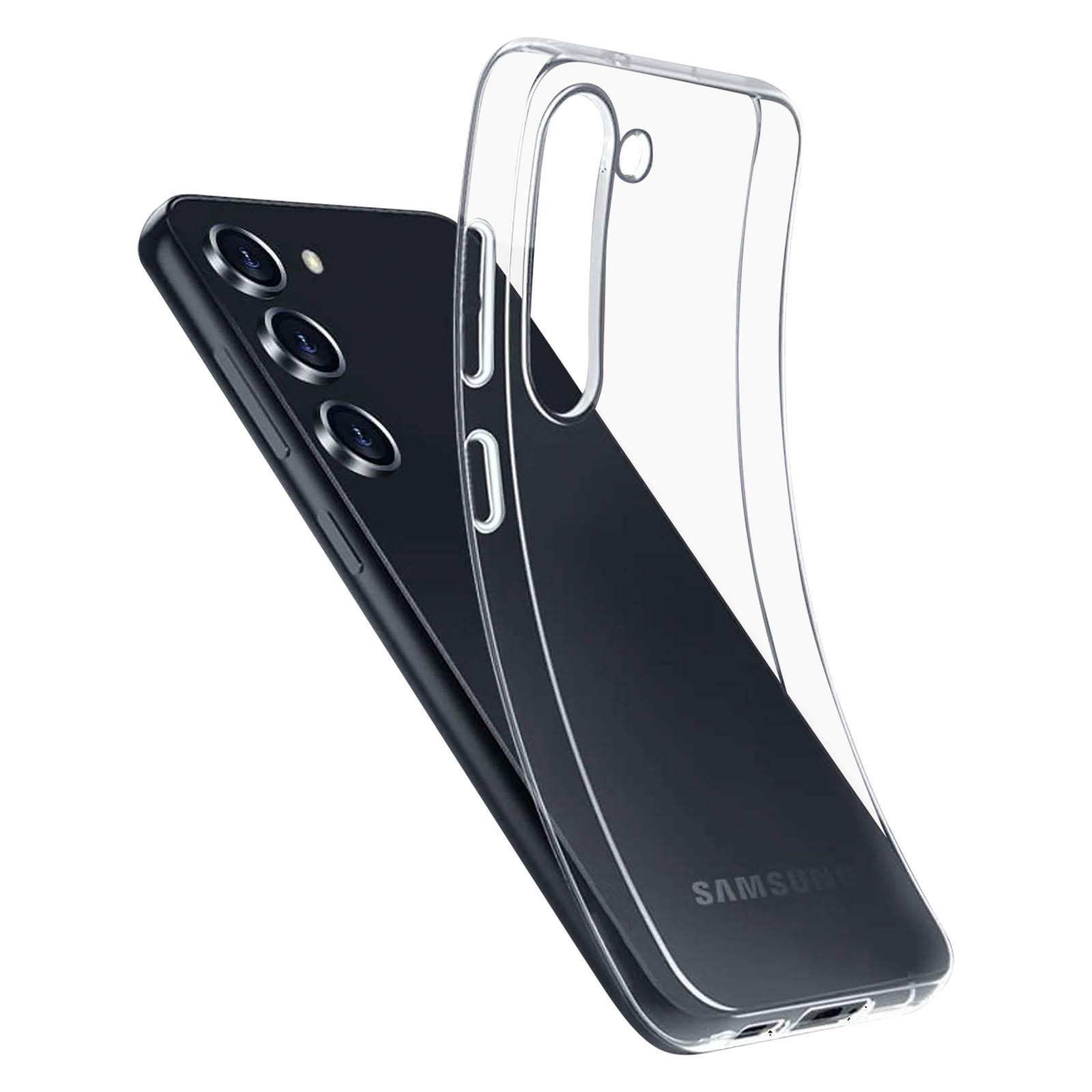 Czarny telefon Samsung z przezroczystym etui. Etui jest przezroczyste, pokazując telefon.