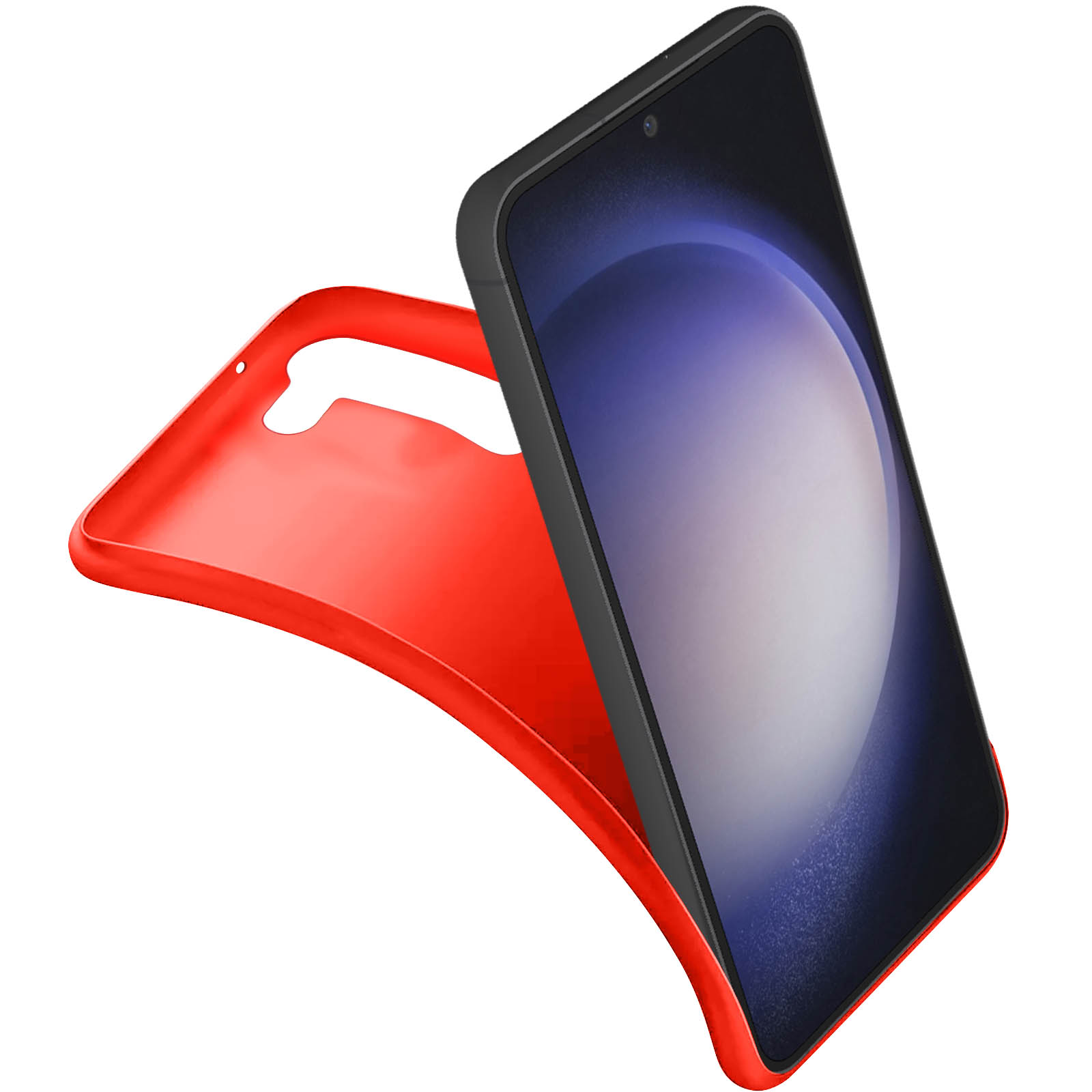 Custodia rossa accanto a un telefono nero. Lo schermo del telefono è visibile.
