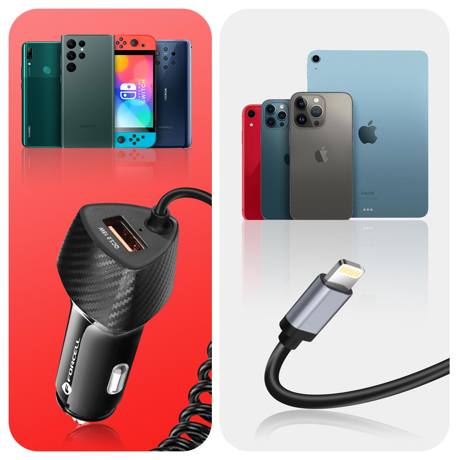 Collage verschiedener Smartphones und eines Ladegeräts. Zu den Telefonen gehören Samsung, Nokia und Apple.
