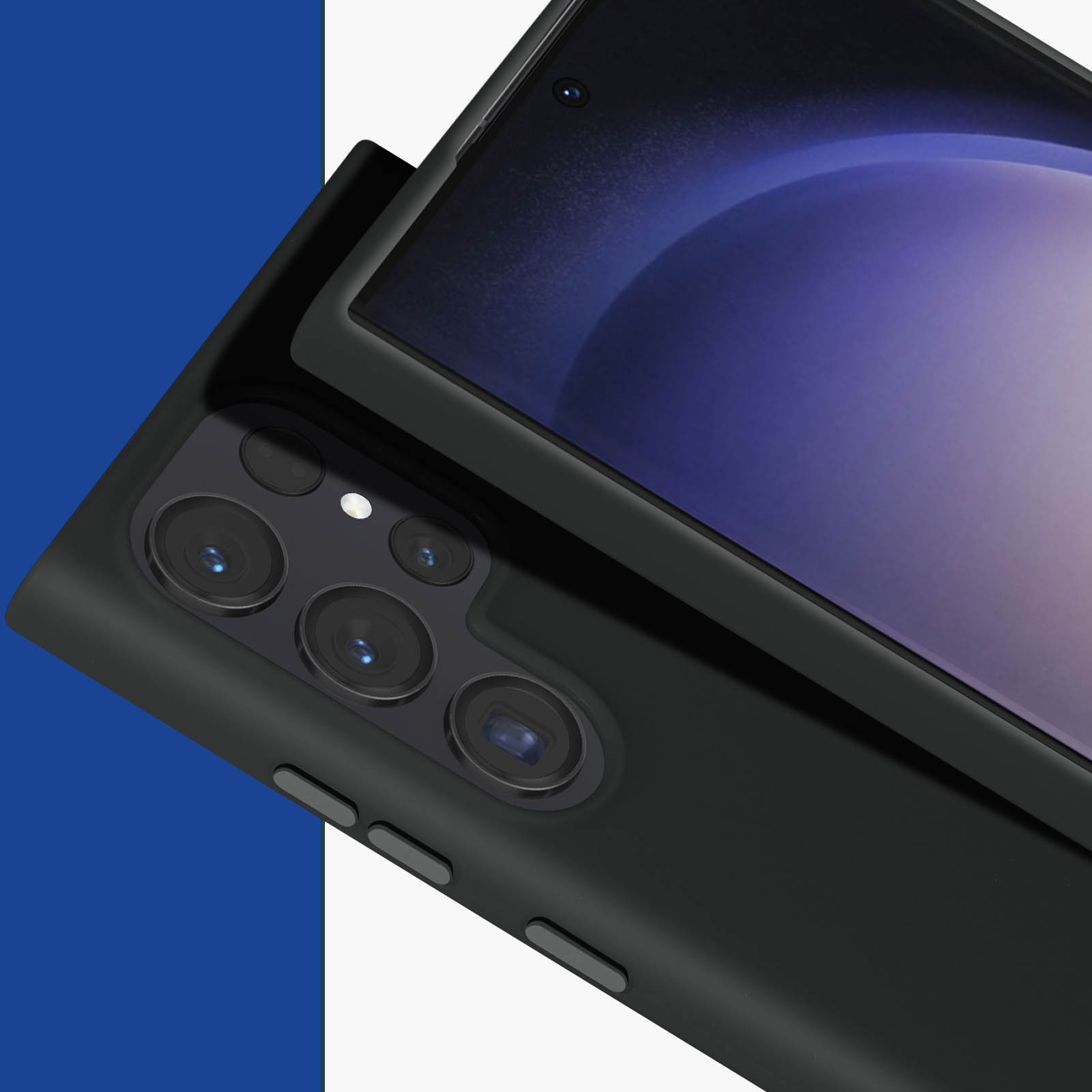 Zbliżenie czarnego telefonu z aparatem z tyłu, z niebiesko-białym tłem.