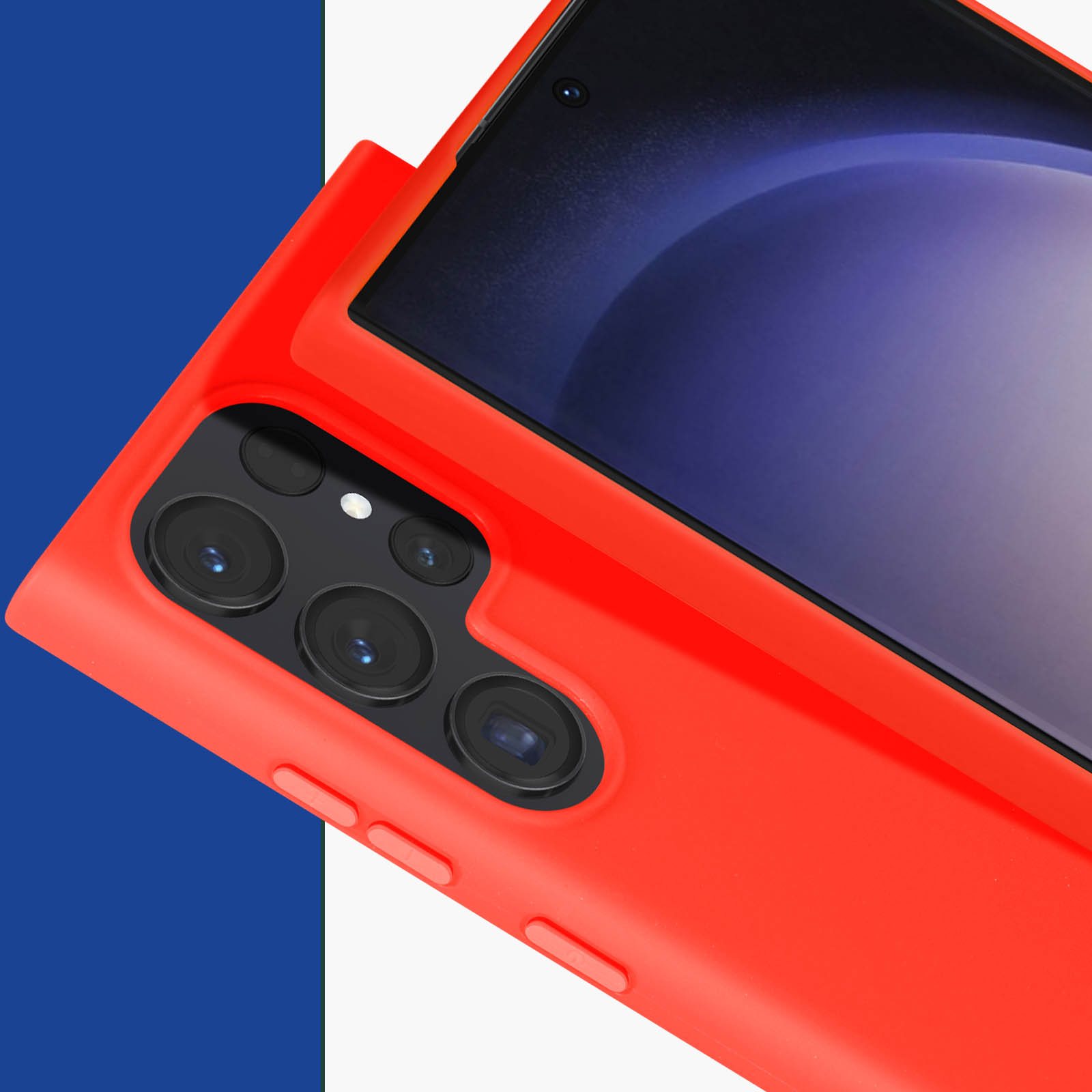 Custodia rossa per telefono su un telefono con più obiettivi. Lo sfondo ha colori blu e bianco.