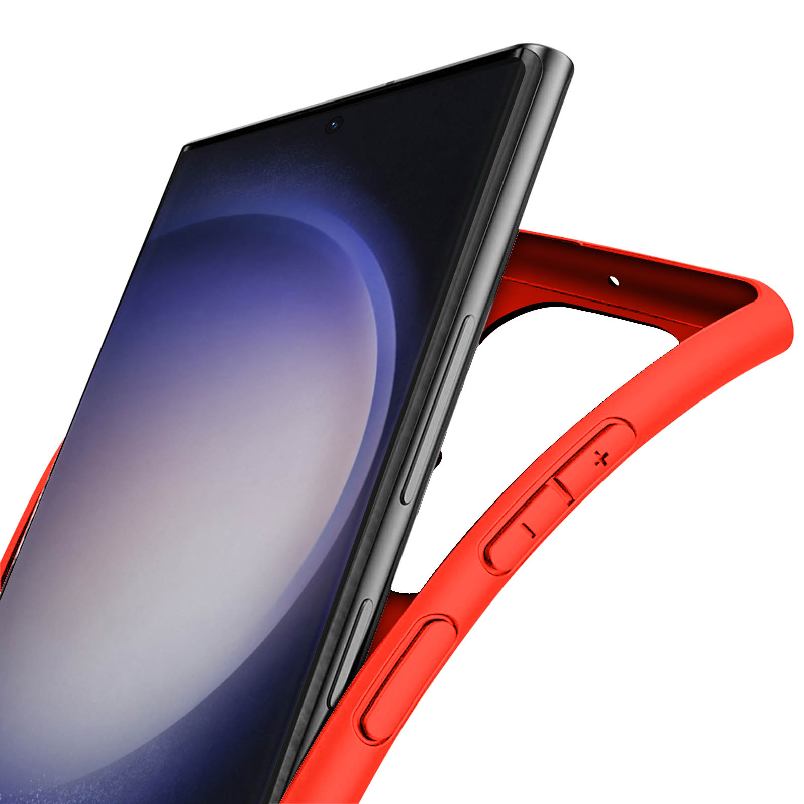 Custodia rossa intorno a uno smartphone nero, con pulsanti del volume sul lato.