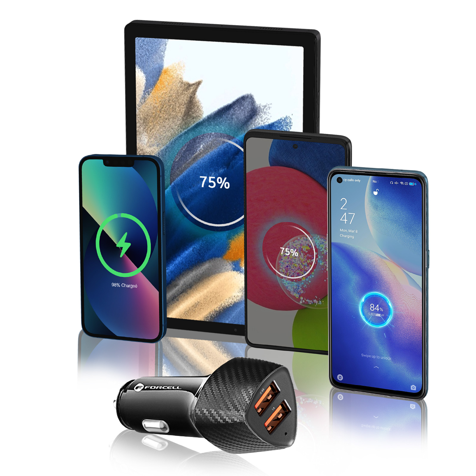 Mehrere Telefone und ein Tablet laden, ein Autoladegerät, mit Ladeanzeigen.