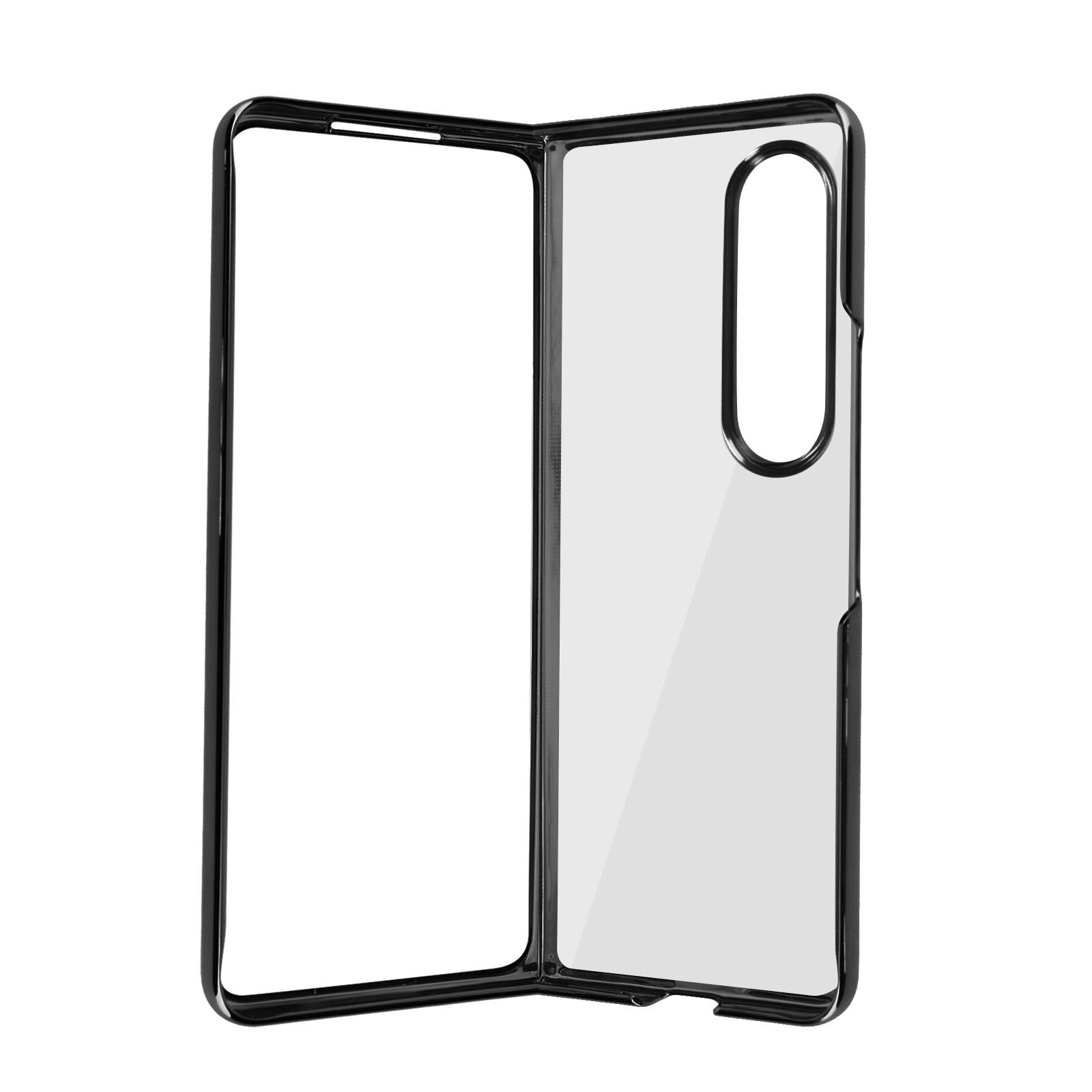 Eine schwarze Smartphone-Hülle, offen und leer mit transparentem Innenraum.