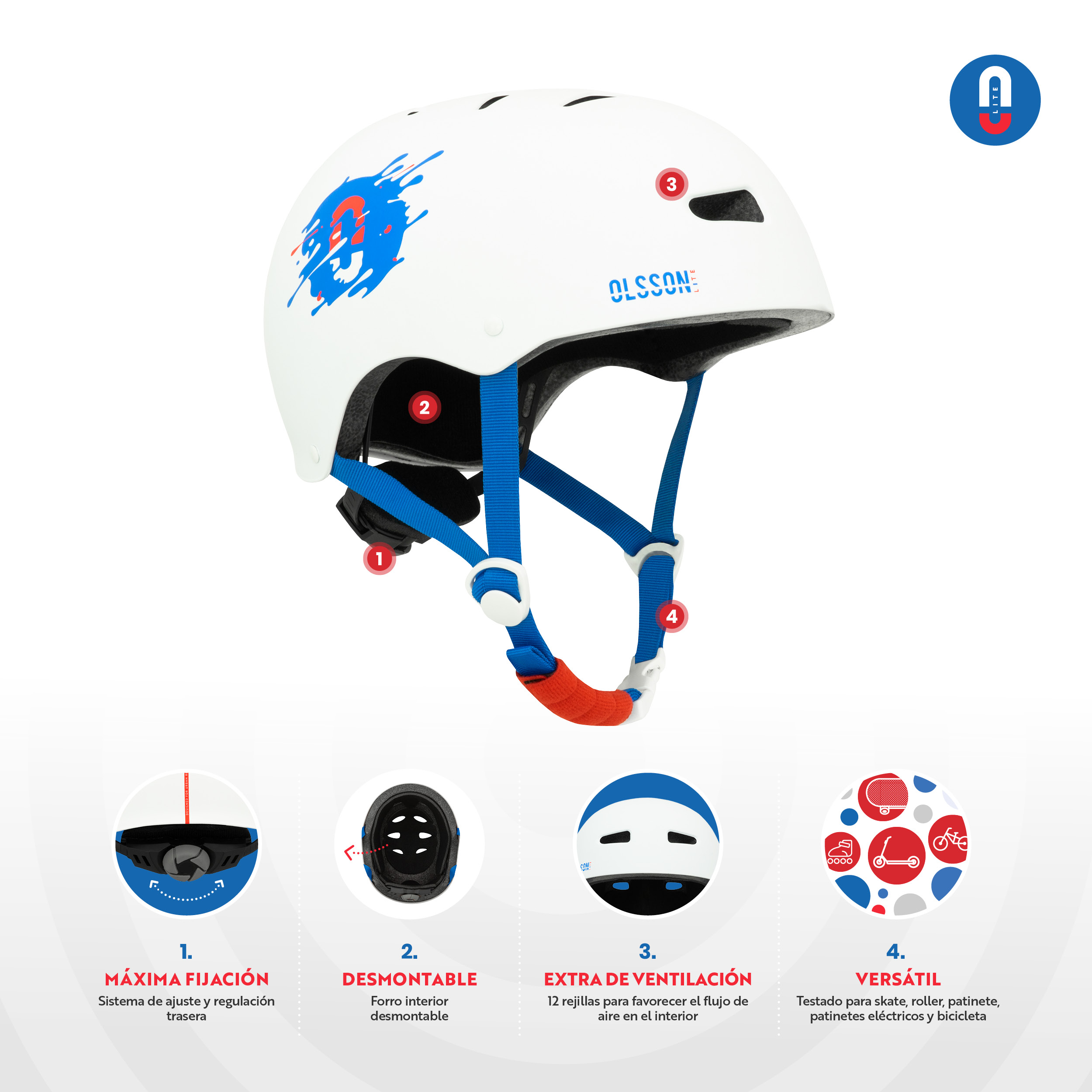 Casco Olsson blanco con correas azules, hebilla roja y diseño azul/rojo.