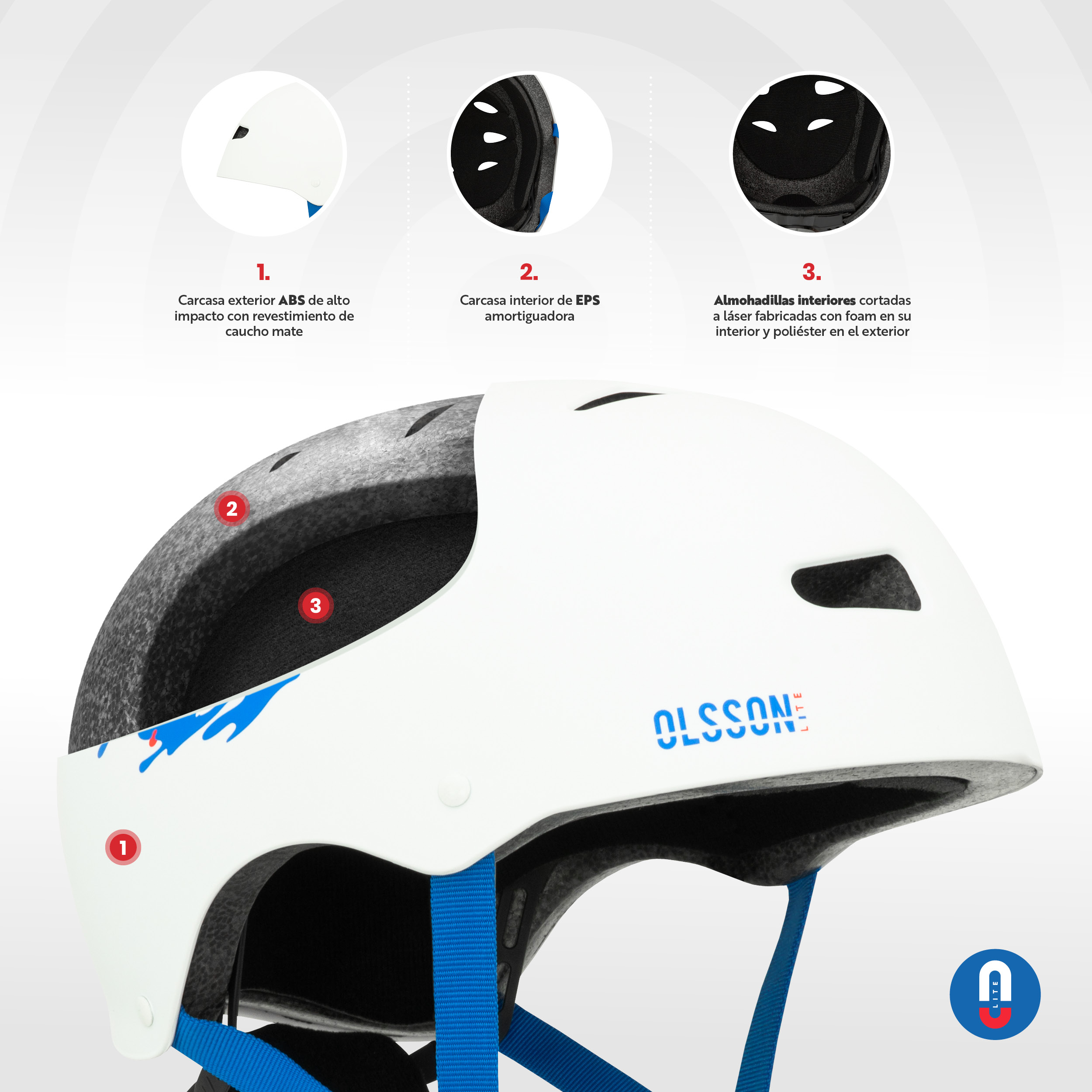 Casco blanco con correas azules, mostrando los detalles internos.