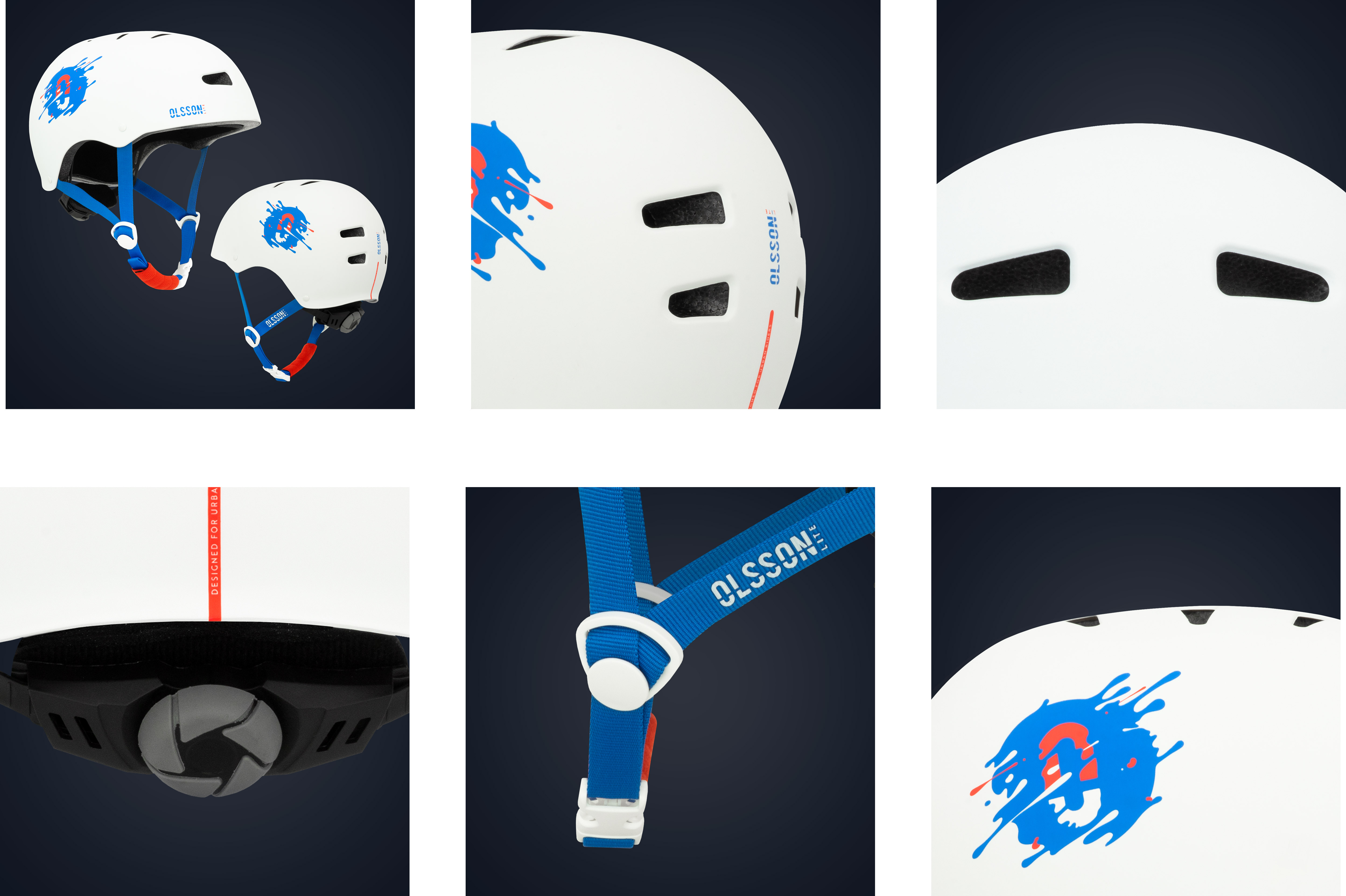 Cascos Olsson blancos con correas azules. Vista completa, primer plano y detalles del casco.
