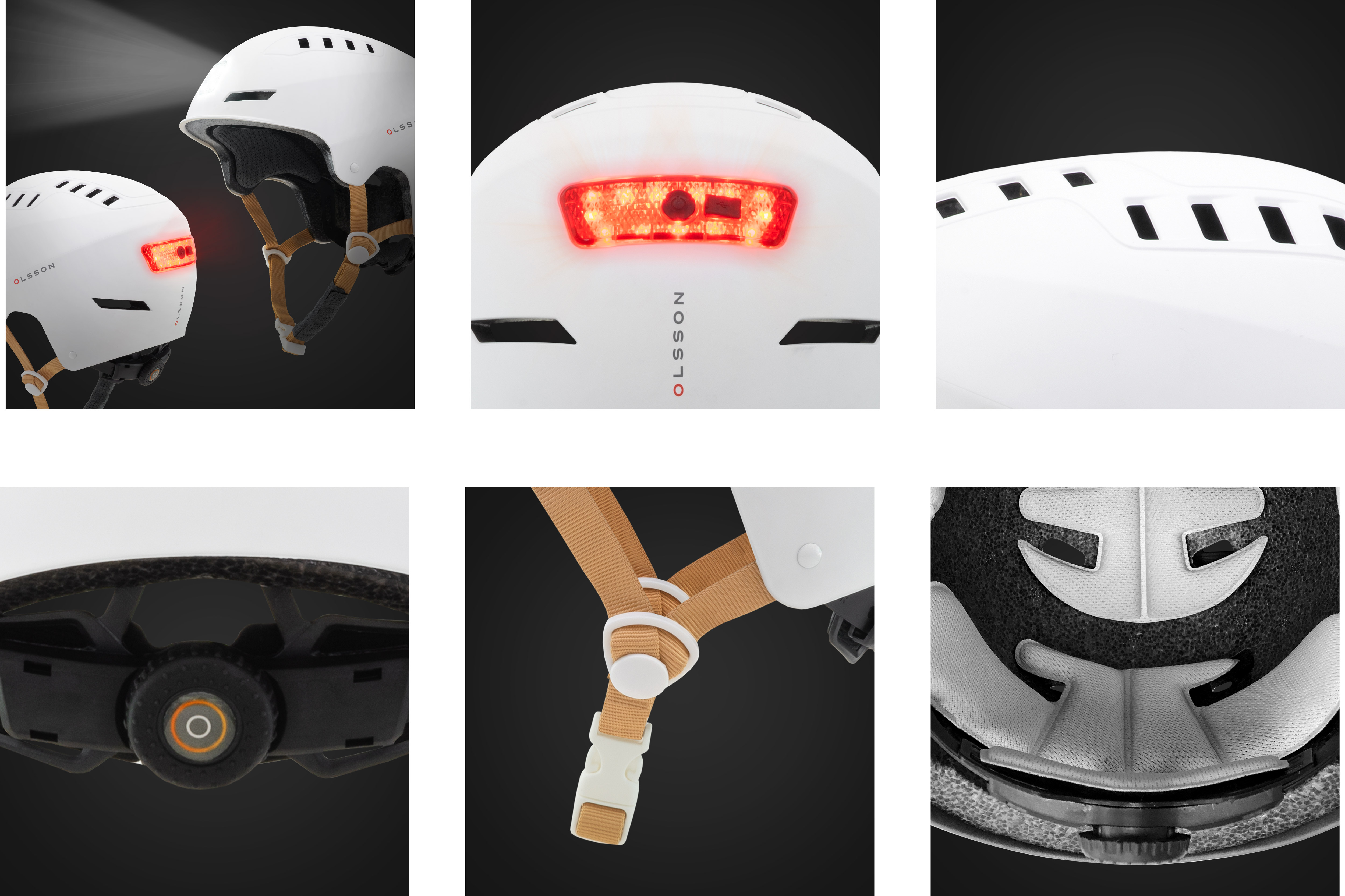 Fotos de un casco de bicicleta blanco con luz roja. El casco tiene correas color canela y una base negra.