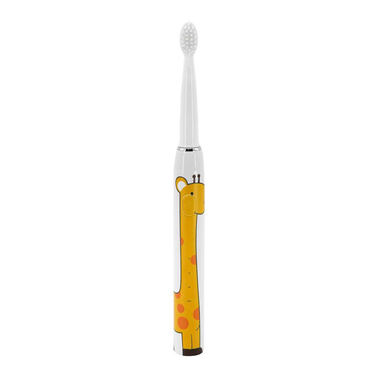 Uno spazzolino bianco e giallo con un design a giraffa.