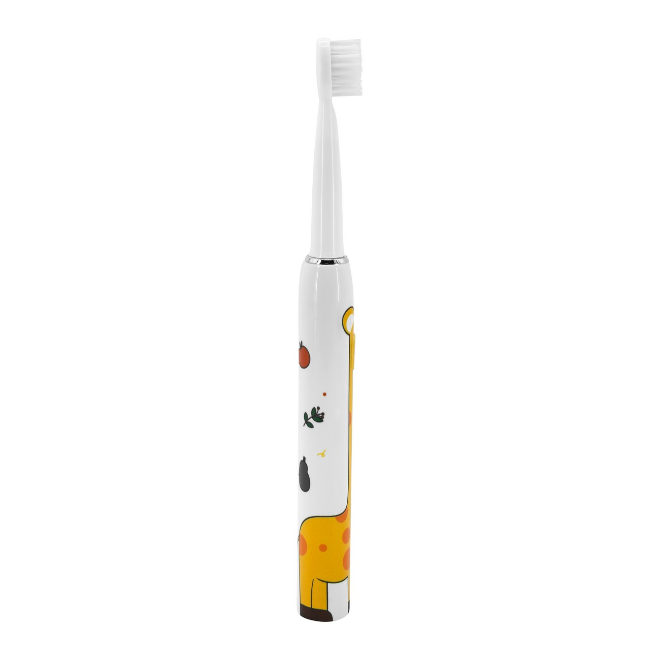 Spazzolino da denti a giraffa bianco e giallo con disegno e setole. È in piedi.