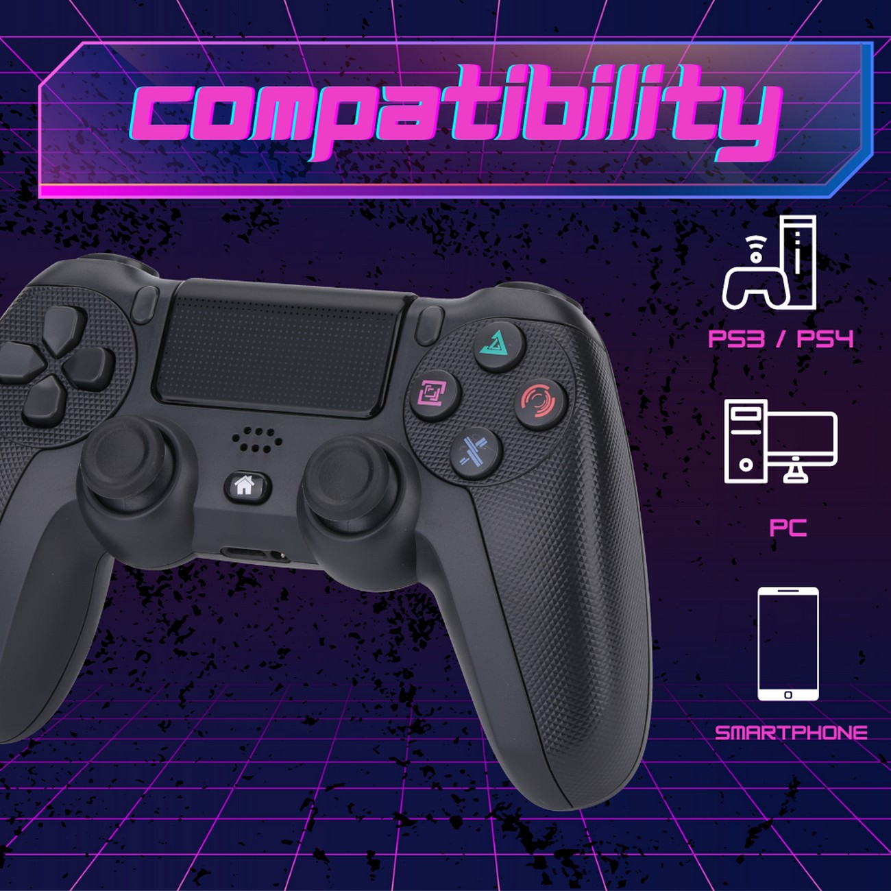 Mando de juego negro con texto e iconos de compatibilidad con PS3/PS4, PC y smartphone.