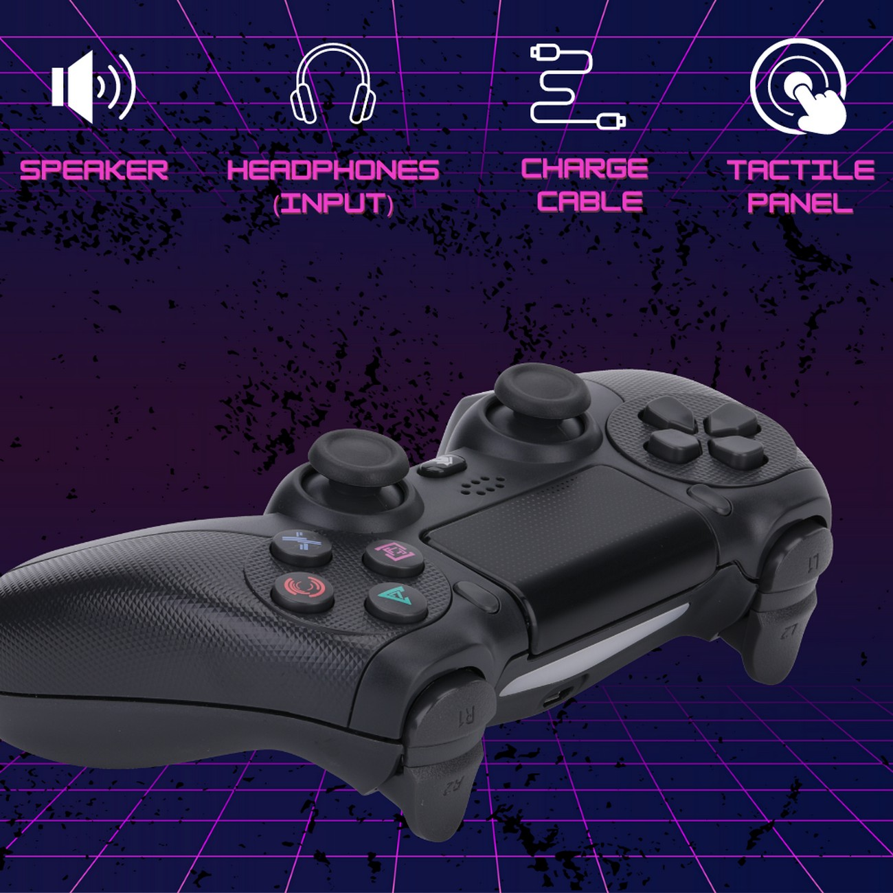 Controlador de juego negro con iconos de altavoz, auriculares, carga y panel táctil.