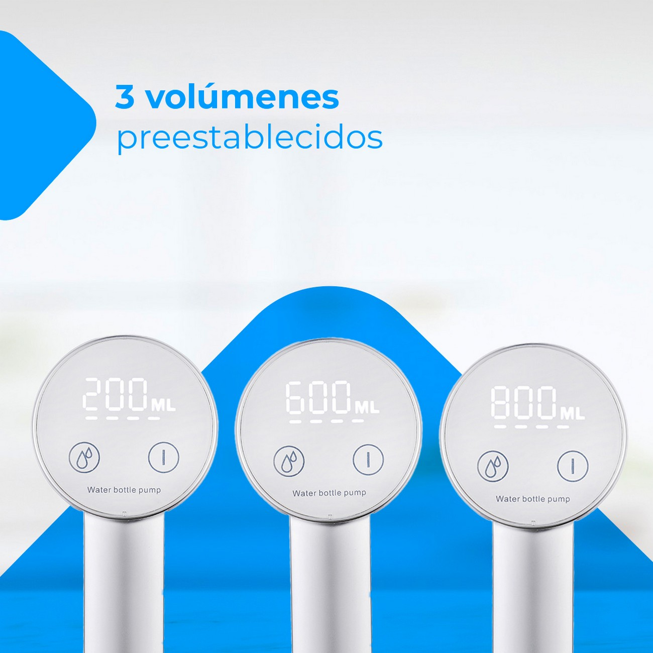Tres bombas blancas para botellas de agua con diferentes etiquetas de mililitros.