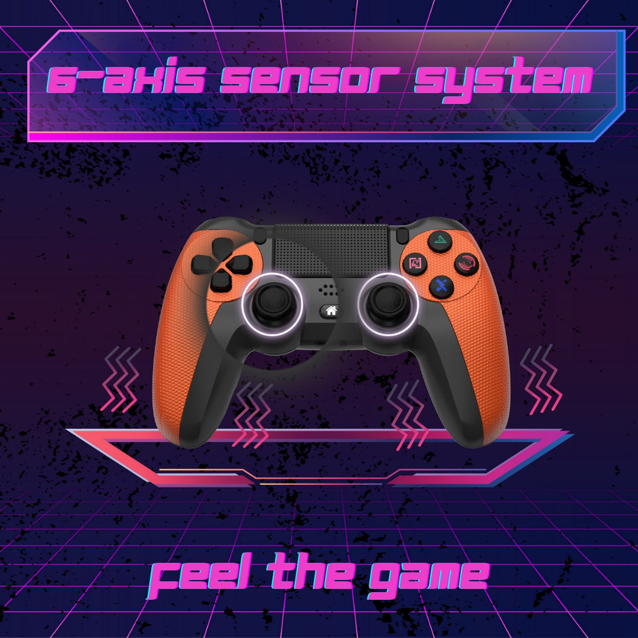 Un mando de juego naranja y negro con círculos brillantes y texto: '6-axis sensor system'.