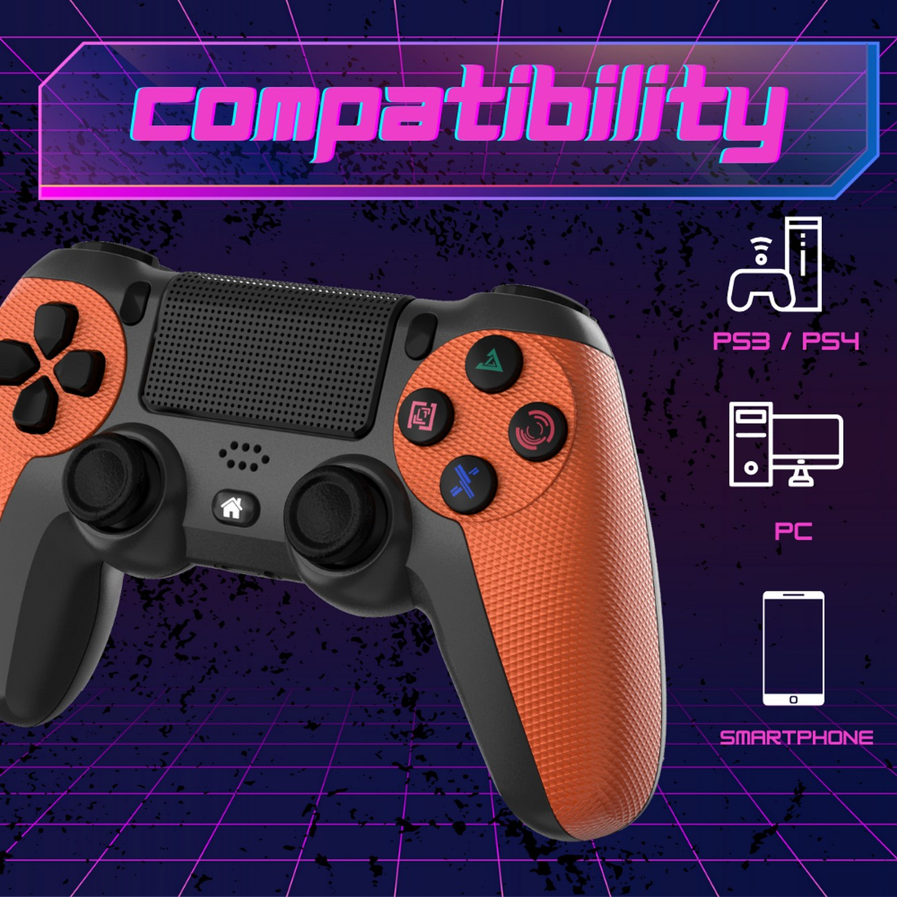 Un controlador naranja y negro con iconos para varios sistemas de juego.